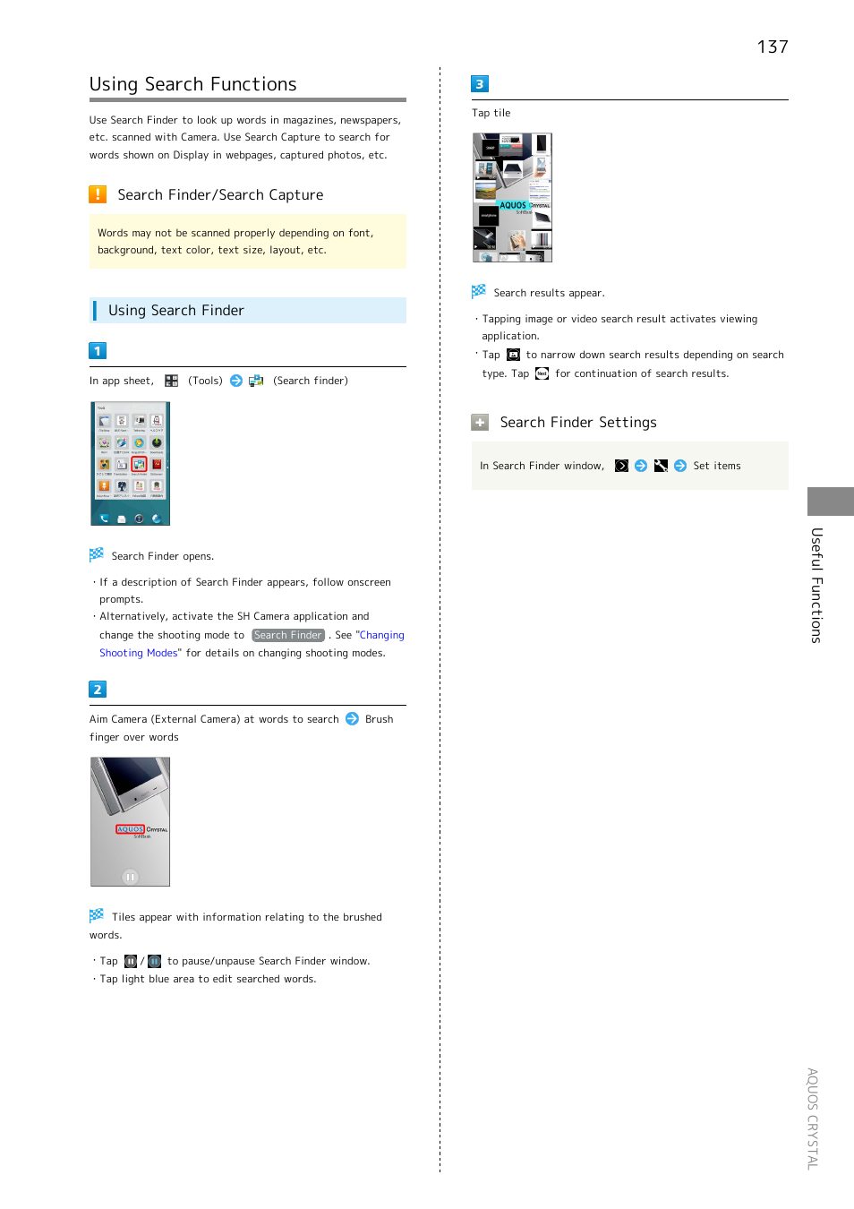 Using search functions, Useful functions, Search finder/search capture | Using search finder, Search finder settings | Sharp AQUOS Crystal User Manual | Page 139 / 240
