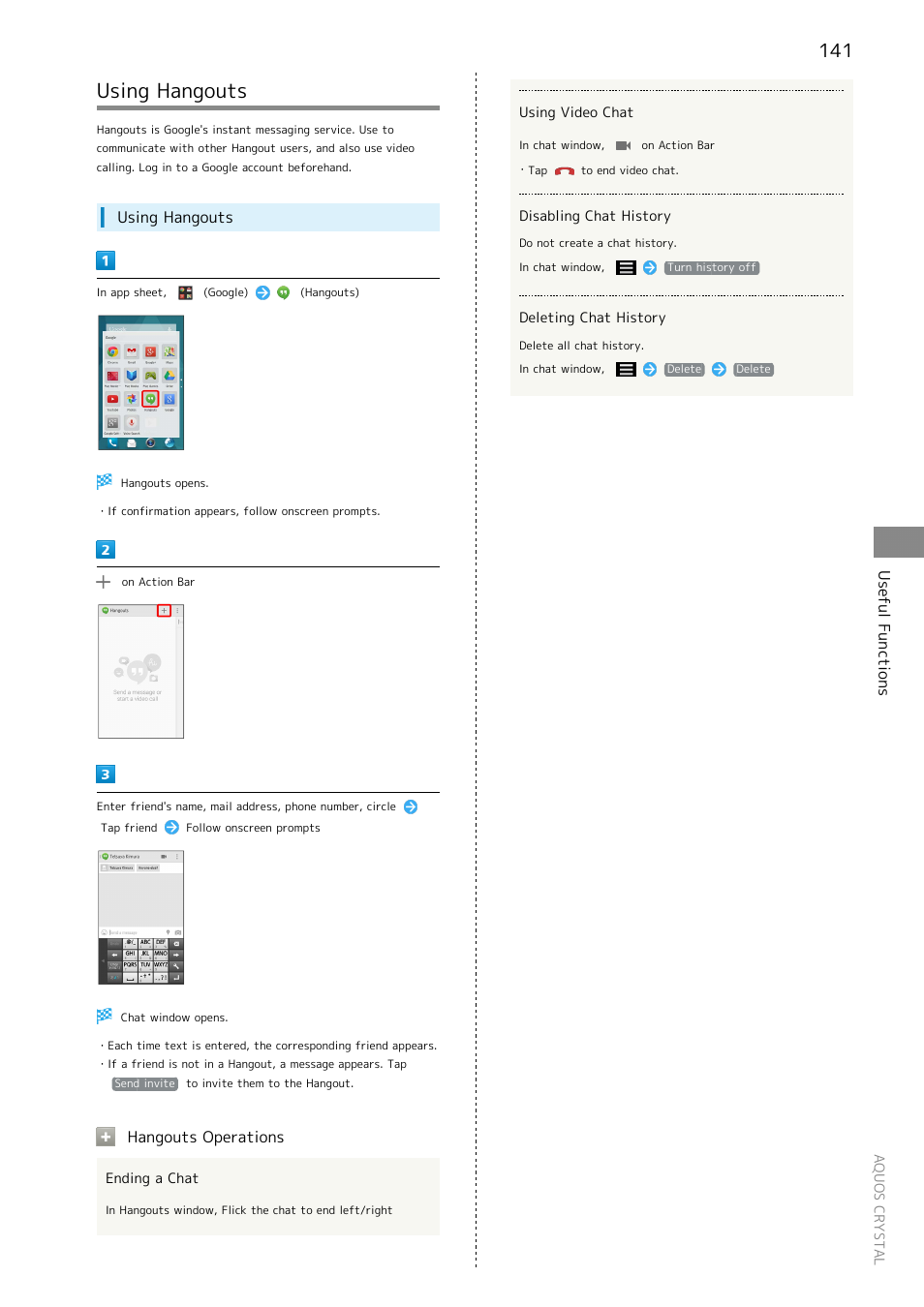 Using hangouts, Useful functions, Hangouts operations | Sharp AQUOS Crystal User Manual | Page 143 / 240