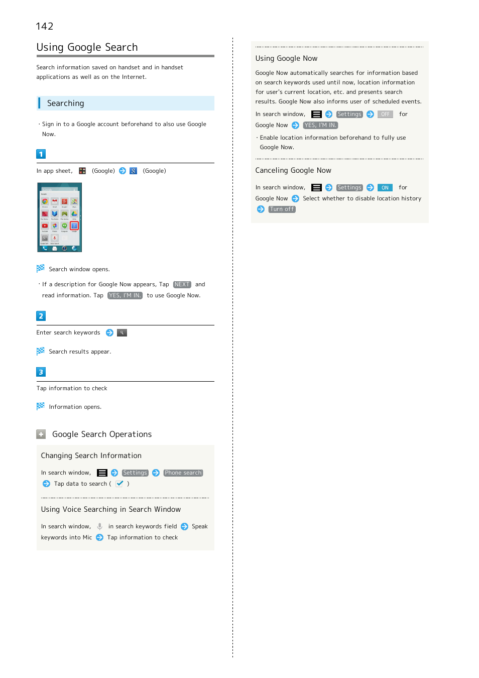 Using google search, Searching, Google search operations | Sharp AQUOS Crystal User Manual | Page 144 / 240
