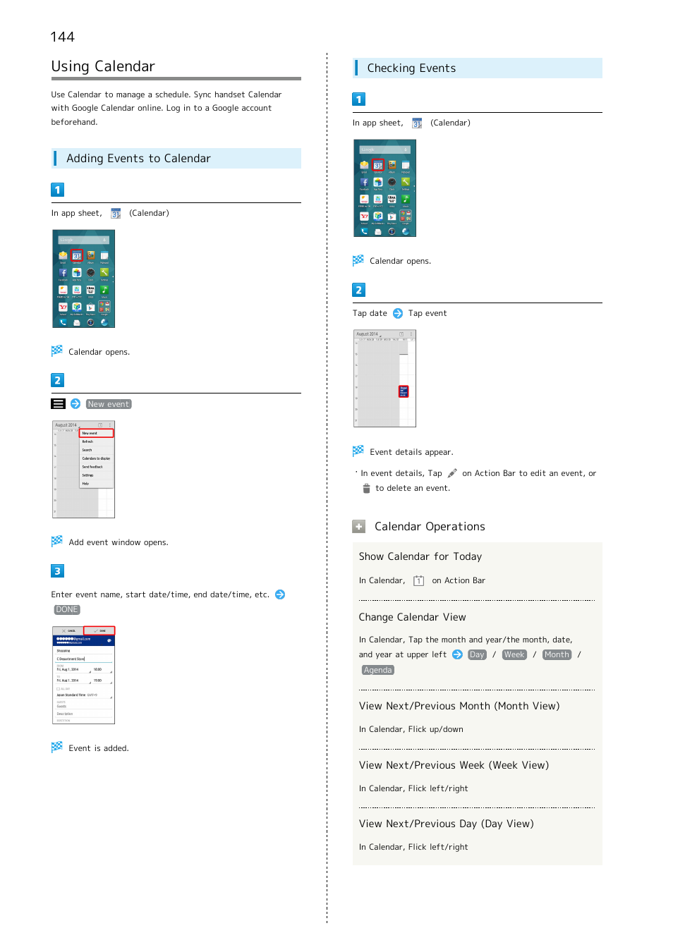 Using calendar, Adding events to calendar, Checking events | Calendar operations | Sharp AQUOS Crystal User Manual | Page 146 / 240