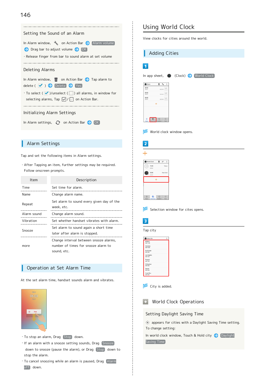 Using world clock, Alarm settings, Operation at set alarm time | Adding cities, World clock operations | Sharp AQUOS Crystal User Manual | Page 148 / 240