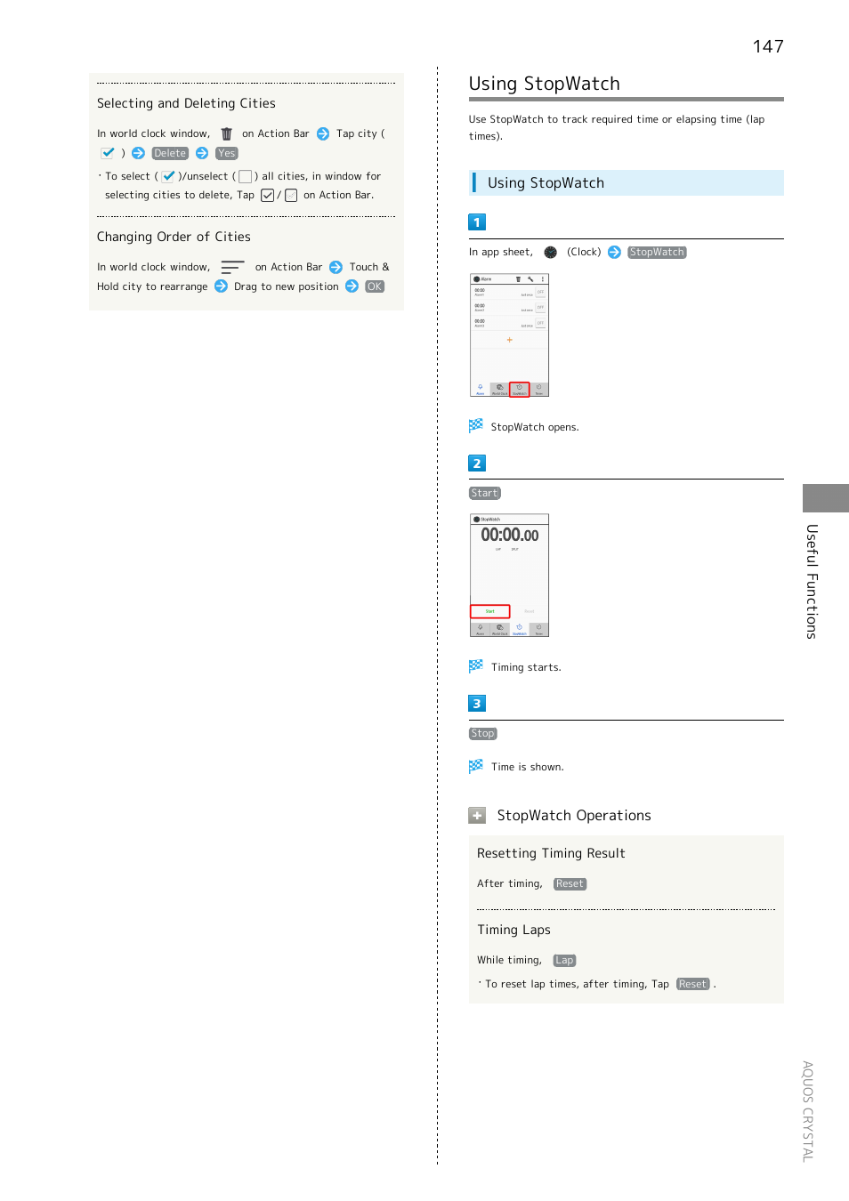 Using stopwatch, Useful functions, Stopwatch operations | Sharp AQUOS Crystal User Manual | Page 149 / 240