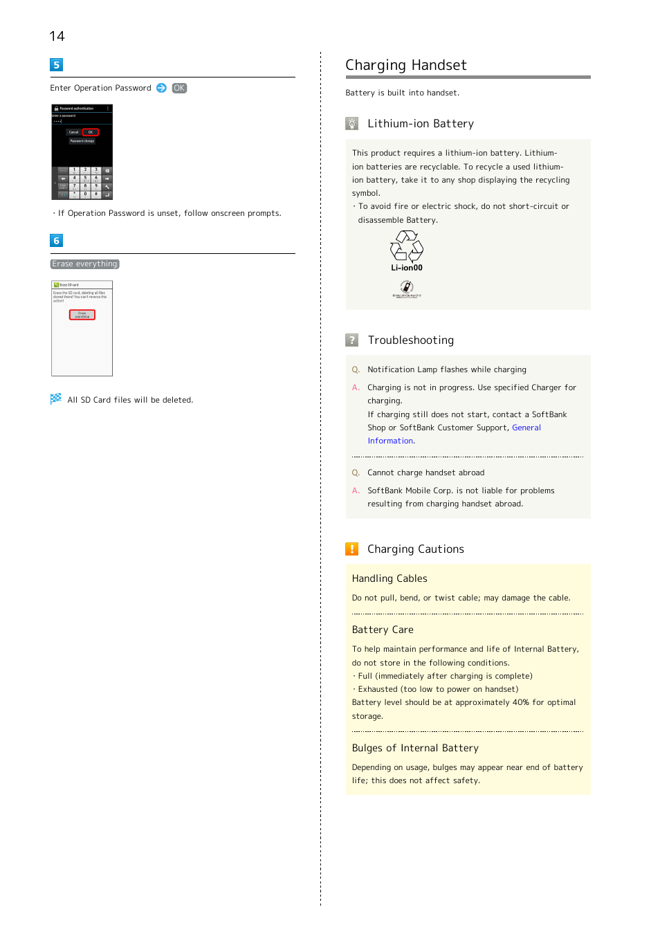 Charging handset, Lithium-ion battery, Troubleshooting | Charging cautions | Sharp AQUOS Crystal User Manual | Page 16 / 240