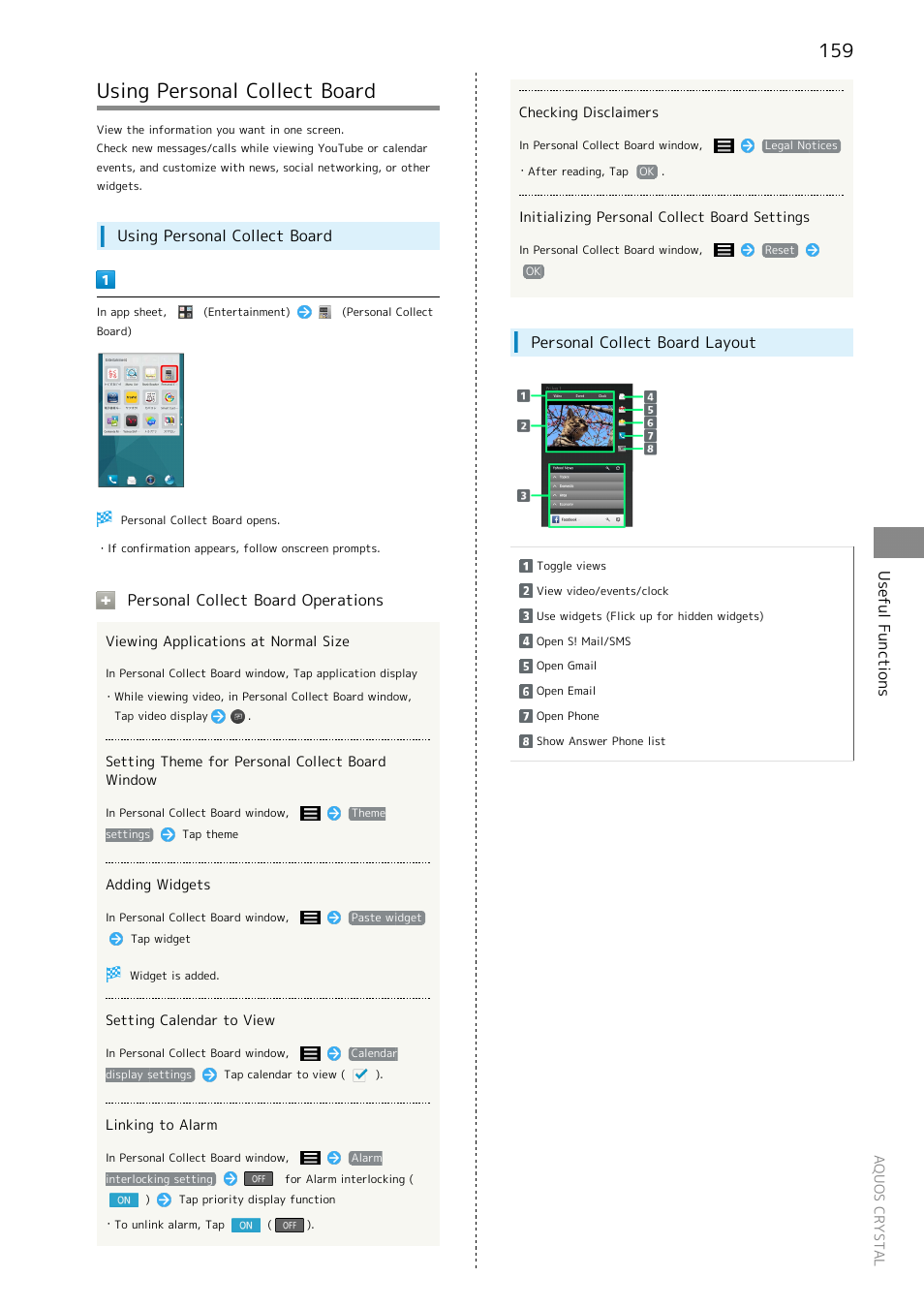 Using personal collect board, Useful functions, Personal collect board operations | Personal collect board layout | Sharp AQUOS Crystal User Manual | Page 161 / 240