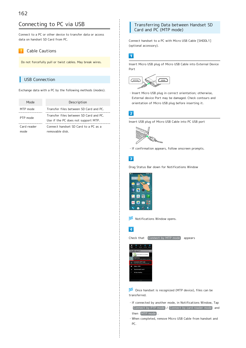 Connecting to pc via usb, Cable cautions, Usb connection | Sharp AQUOS Crystal User Manual | Page 164 / 240