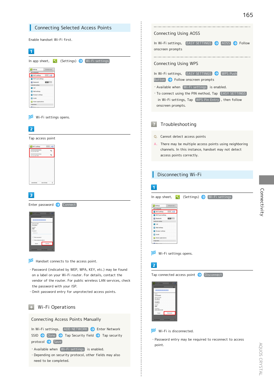 Connectivity, Connecting selected access points, Wi-fi operations | Troubleshooting, Disconnecting wi-fi | Sharp AQUOS Crystal User Manual | Page 167 / 240