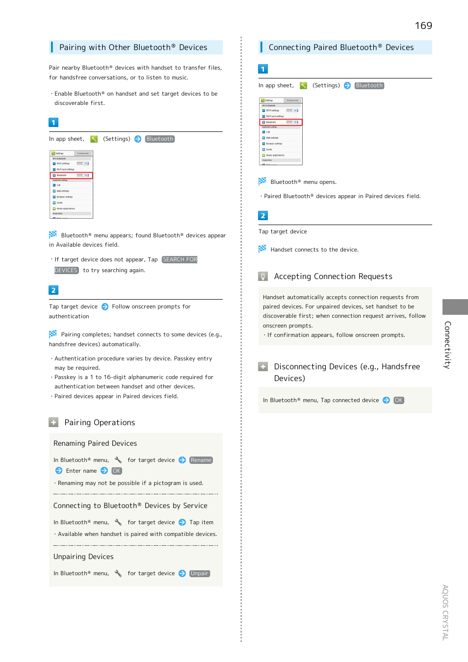 Connectivity, Pairing with other bluetooth, Devices | Pairing operations, Connecting paired bluetooth, Accepting connection requests, Disconnecting devices (e.g., handsfree devices) | Sharp AQUOS Crystal User Manual | Page 171 / 240