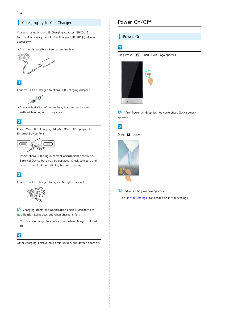 Power on/off, Charging by in-car charger, Power on | Sharp AQUOS Crystal User Manual | Page 18 / 240