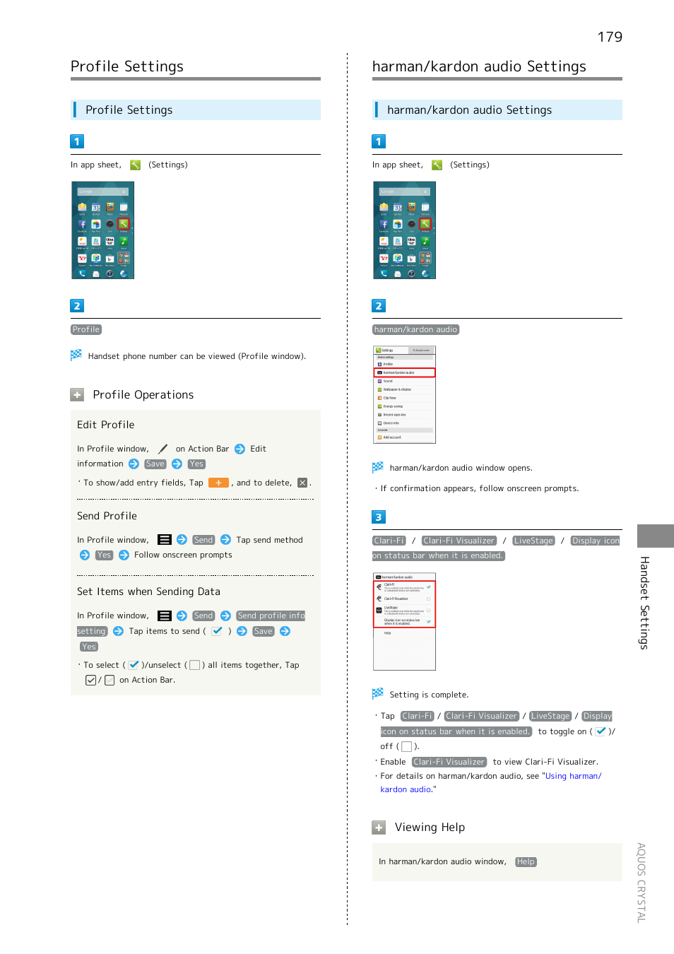 Profile settings, Harman/kardon audio settings, 179 harman/kardon audio settings | Handset settings, Profile operations, Viewing help | Sharp AQUOS Crystal User Manual | Page 181 / 240