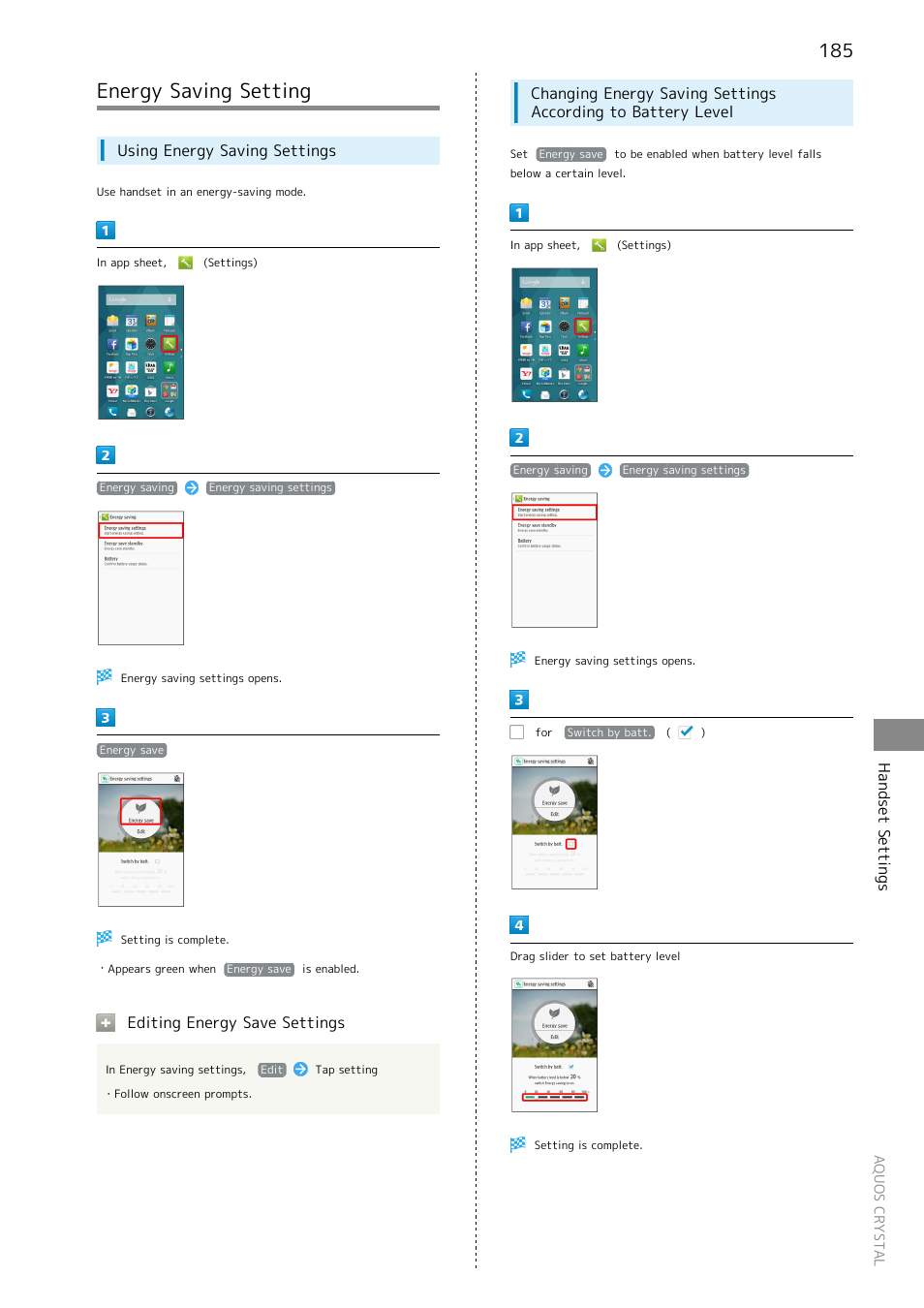 Energy saving setting, Handset settings, Using energy saving settings | Editing energy save settings | Sharp AQUOS Crystal User Manual | Page 187 / 240