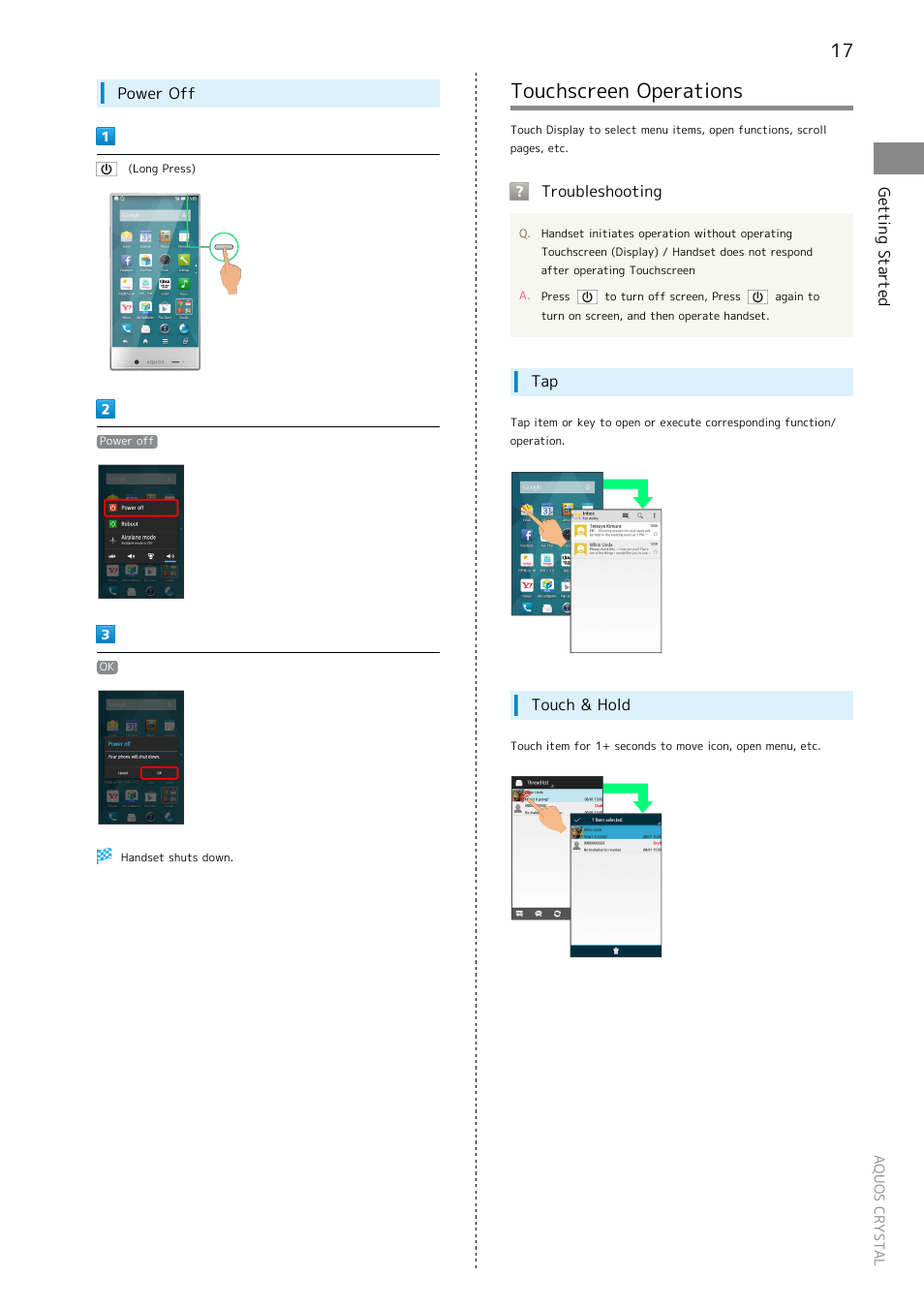 Touchscreen operations | Sharp AQUOS Crystal User Manual | Page 19 / 240
