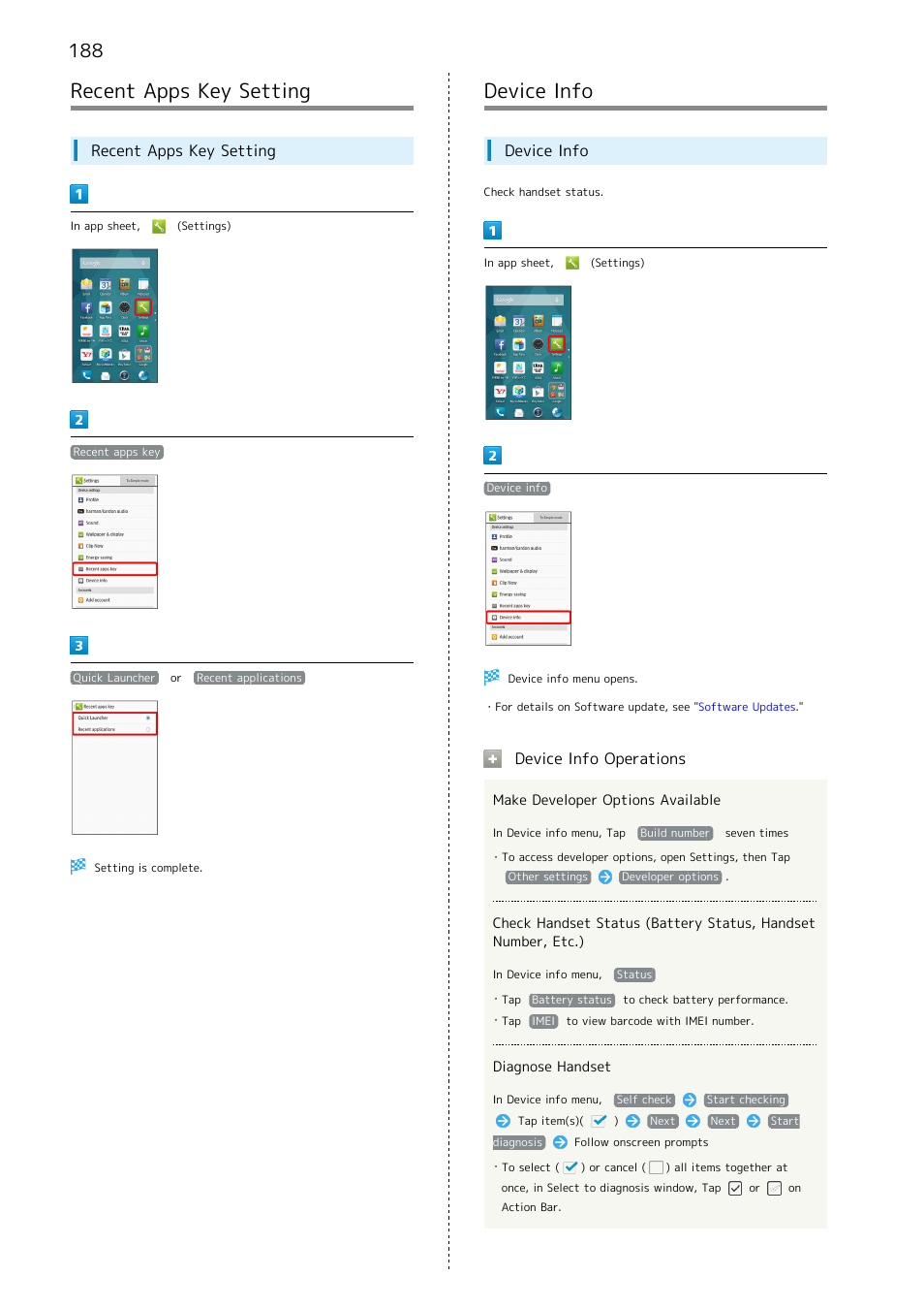 Recent apps key setting, Device info, 188 device info | Device info operations | Sharp AQUOS Crystal User Manual | Page 190 / 240