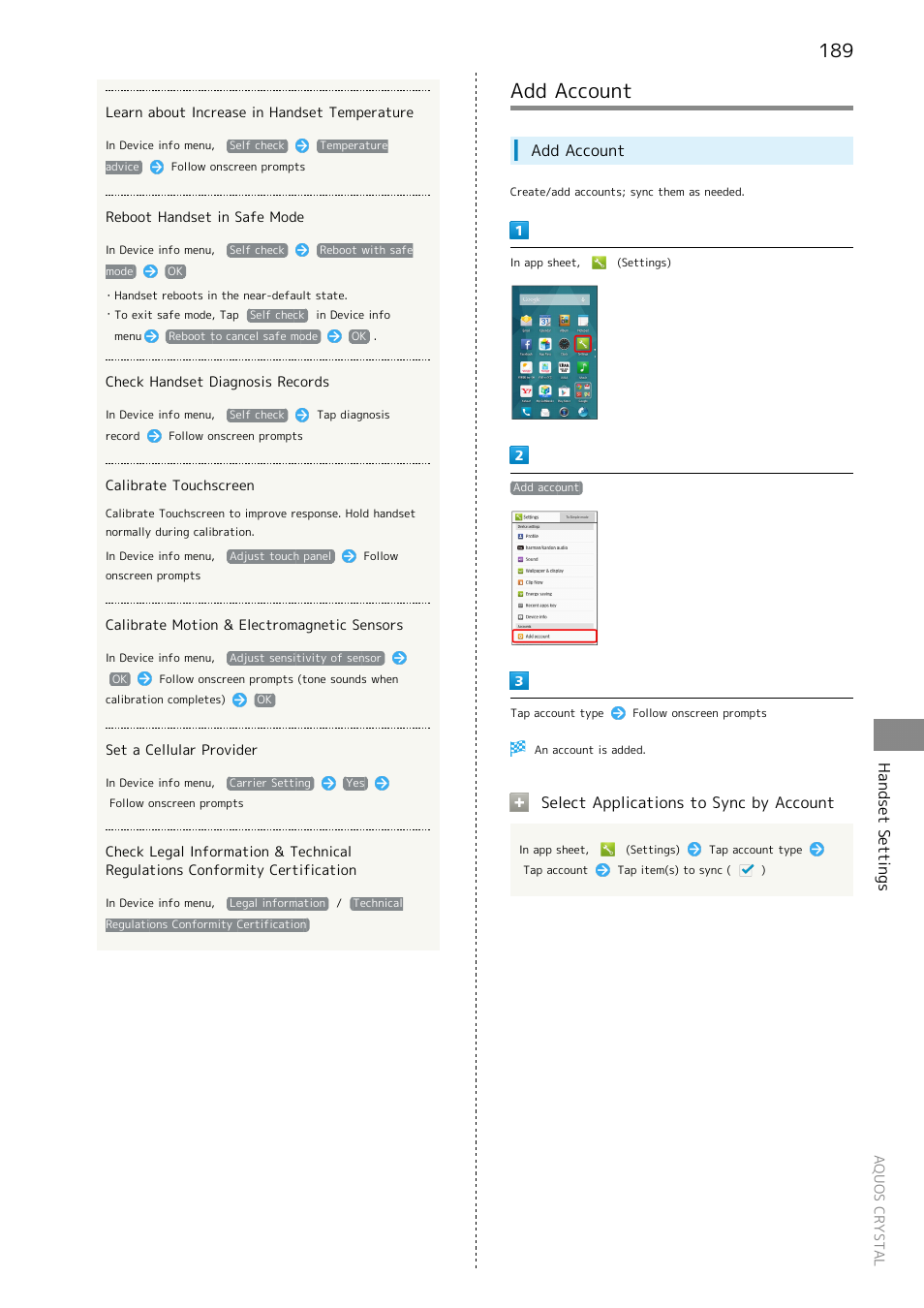 Add account, Handset settings, Select applications to sync by account | Sharp AQUOS Crystal User Manual | Page 191 / 240