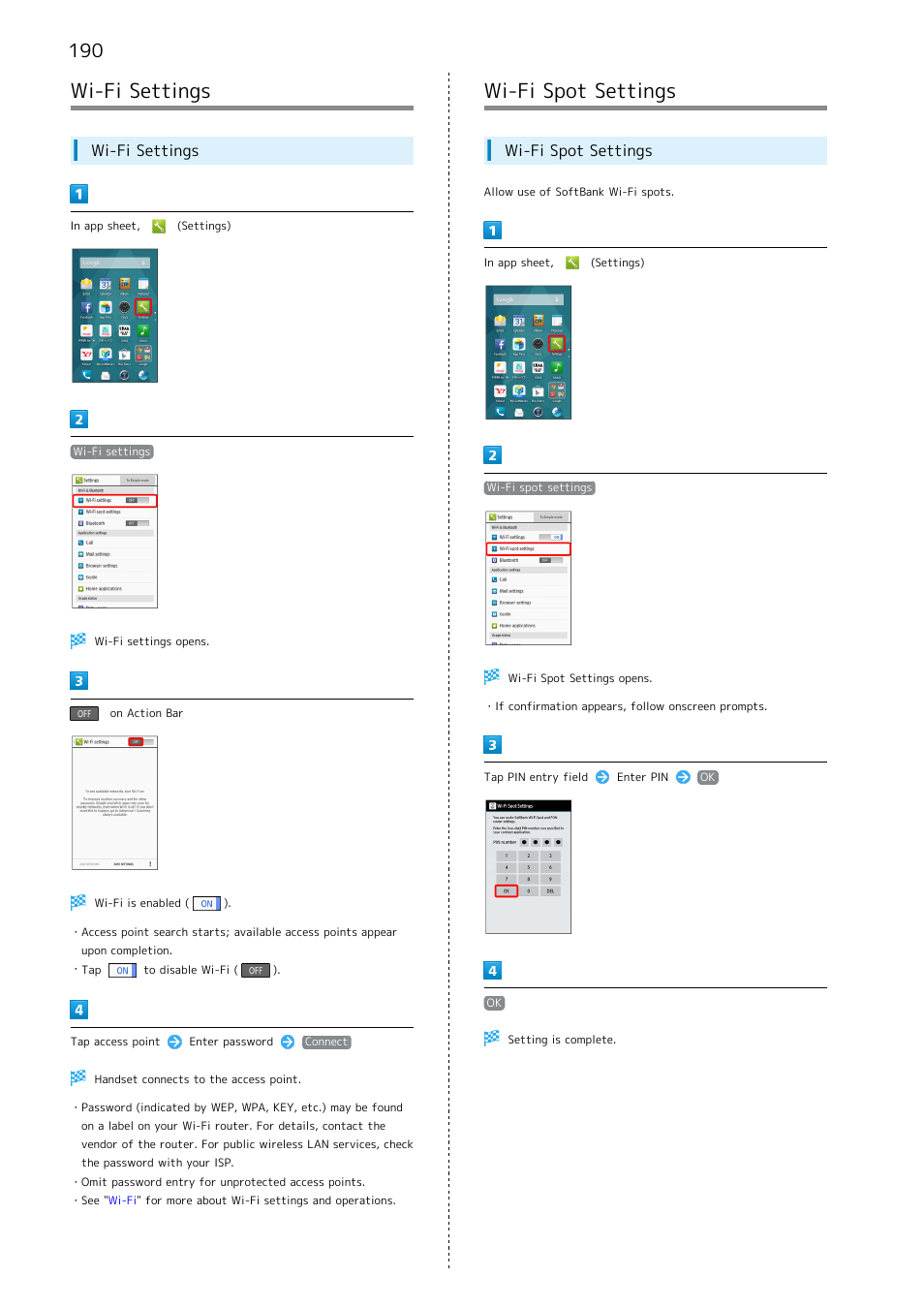Wi-fi settings, Wi-fi spot settings, 190 wi-fi spot settings | Sharp AQUOS Crystal User Manual | Page 192 / 240