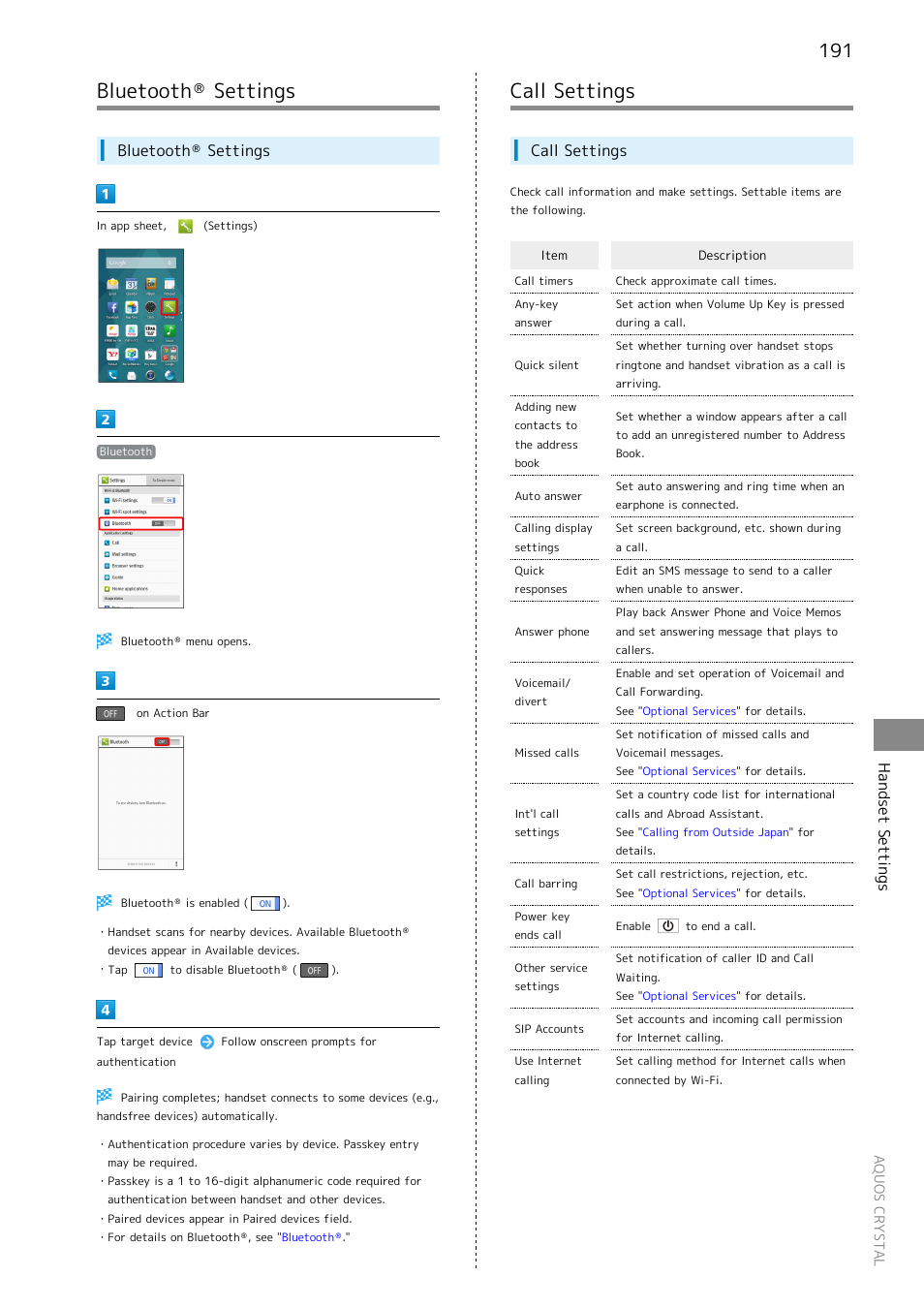 Bluetooth® settings, Call settings, Bluetooth | Settings, Handset settings | Sharp AQUOS Crystal User Manual | Page 193 / 240