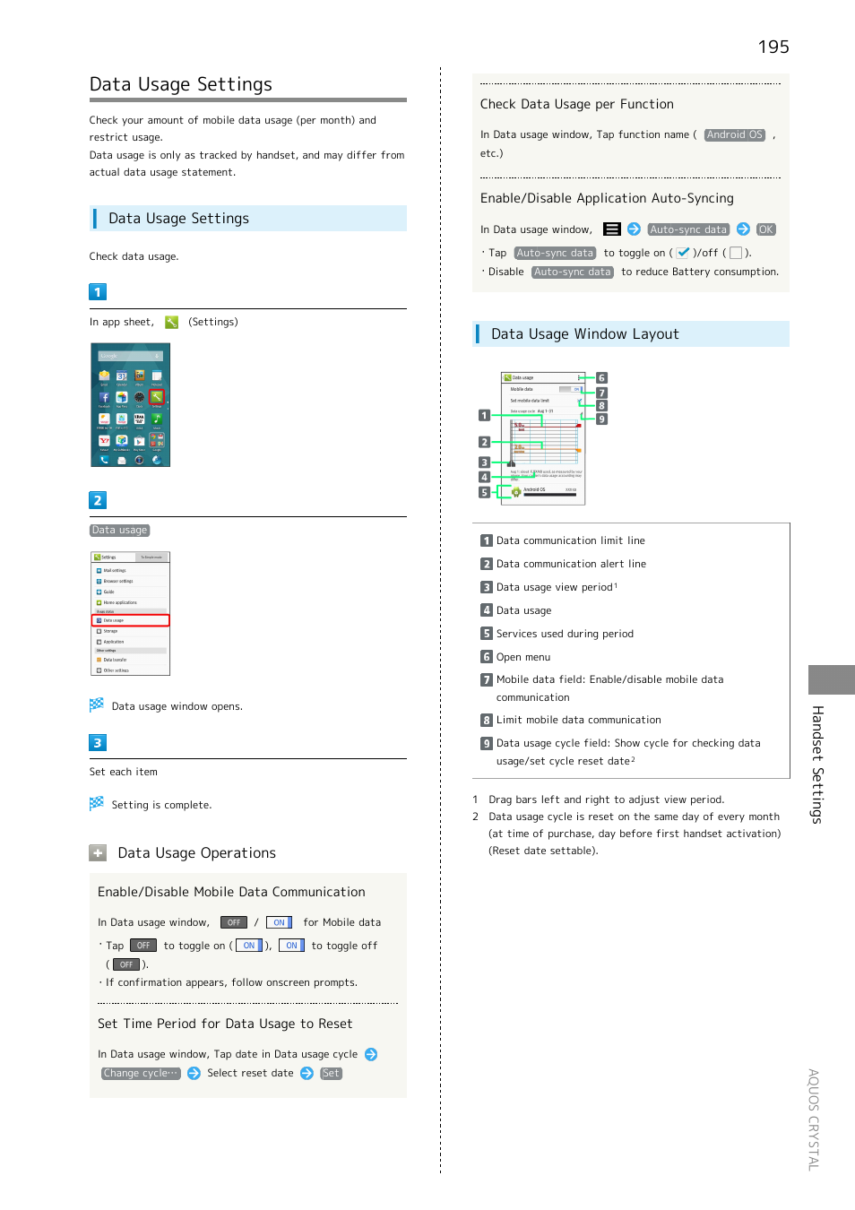 Data usage settings, Handset settings, Data usage operations | Data usage window layout | Sharp AQUOS Crystal User Manual | Page 197 / 240