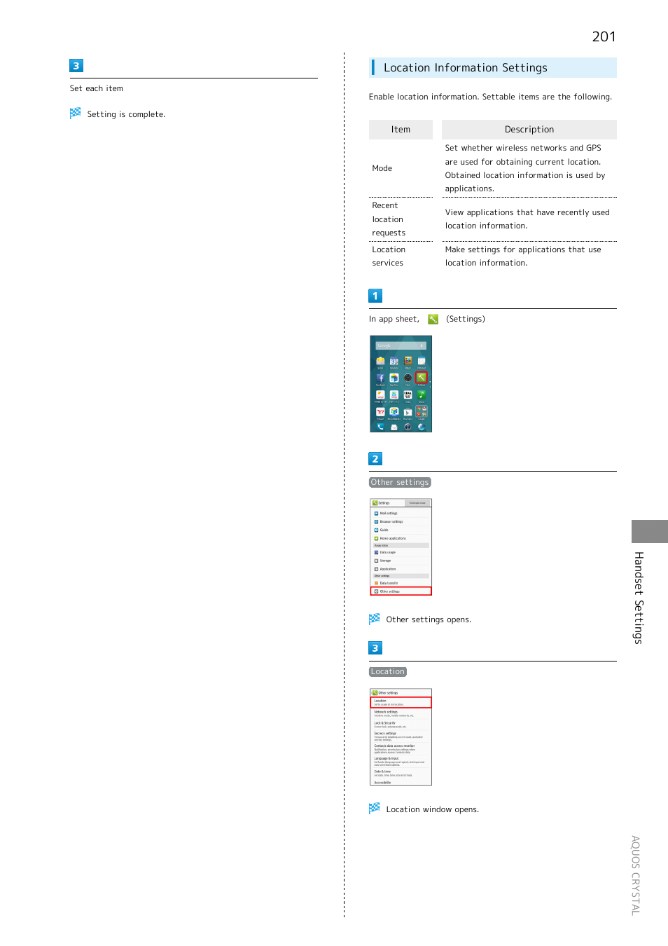 Handset settings, Location information settings | Sharp AQUOS Crystal User Manual | Page 203 / 240