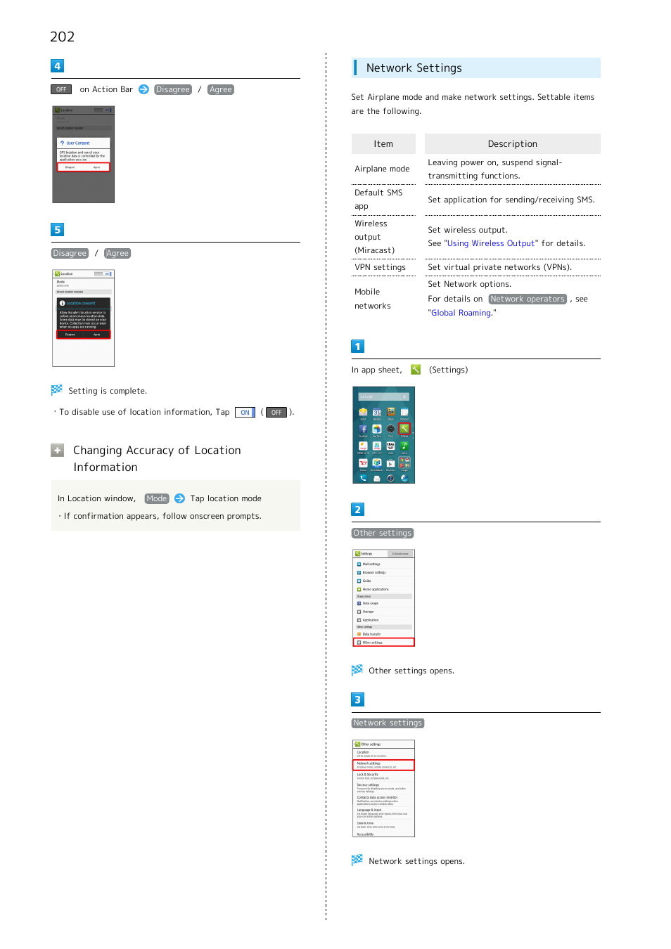 Changing accuracy of location information, Network settings | Sharp AQUOS Crystal User Manual | Page 204 / 240