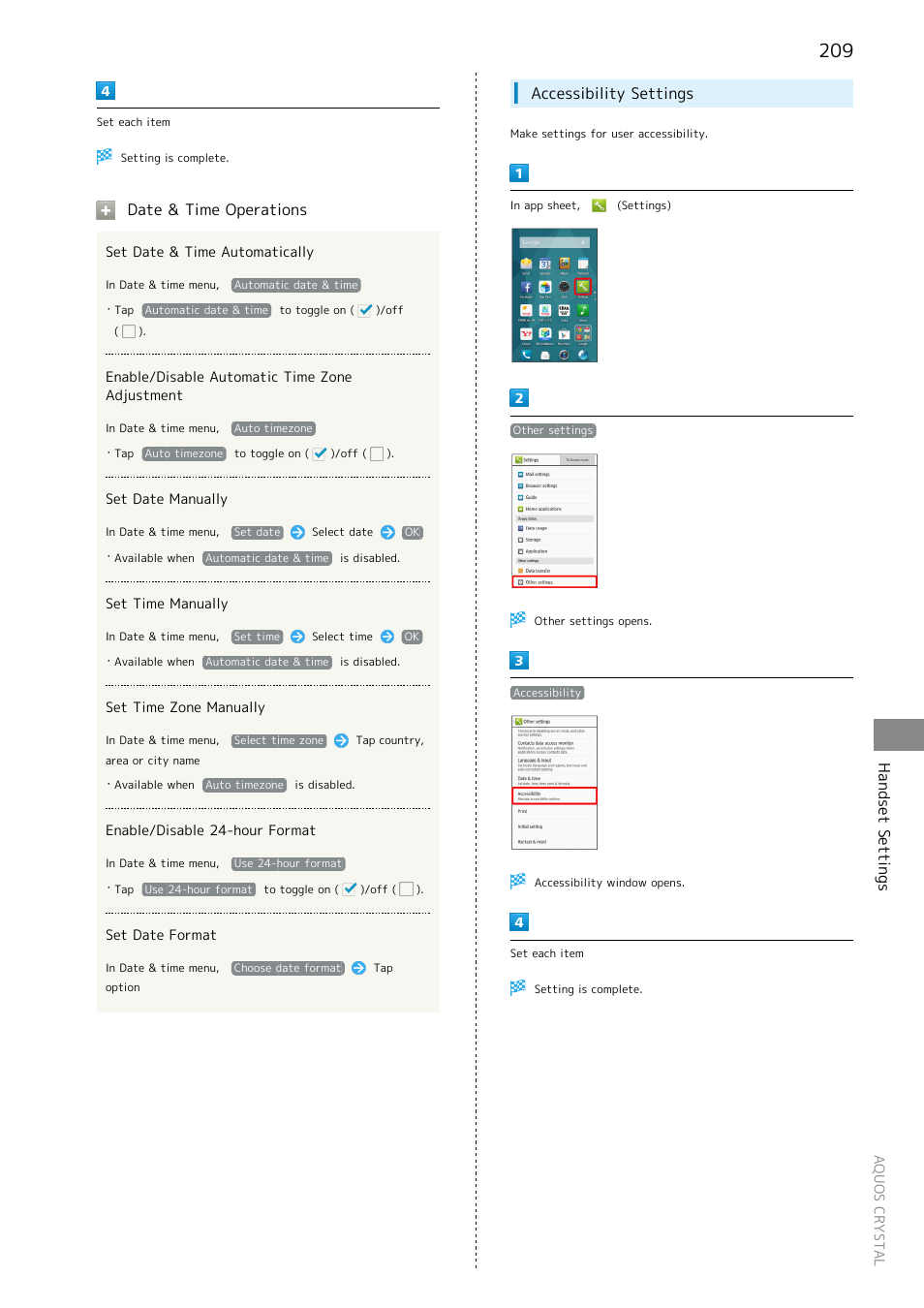Handset settings, Date & time operations, Accessibility settings | Sharp AQUOS Crystal User Manual | Page 211 / 240