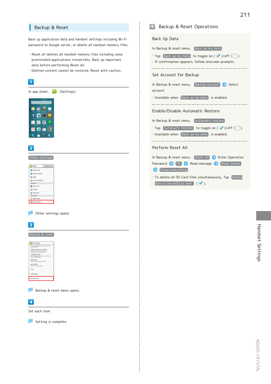 Handset settings, Backup & reset, Backup & reset operations | Sharp AQUOS Crystal User Manual | Page 213 / 240