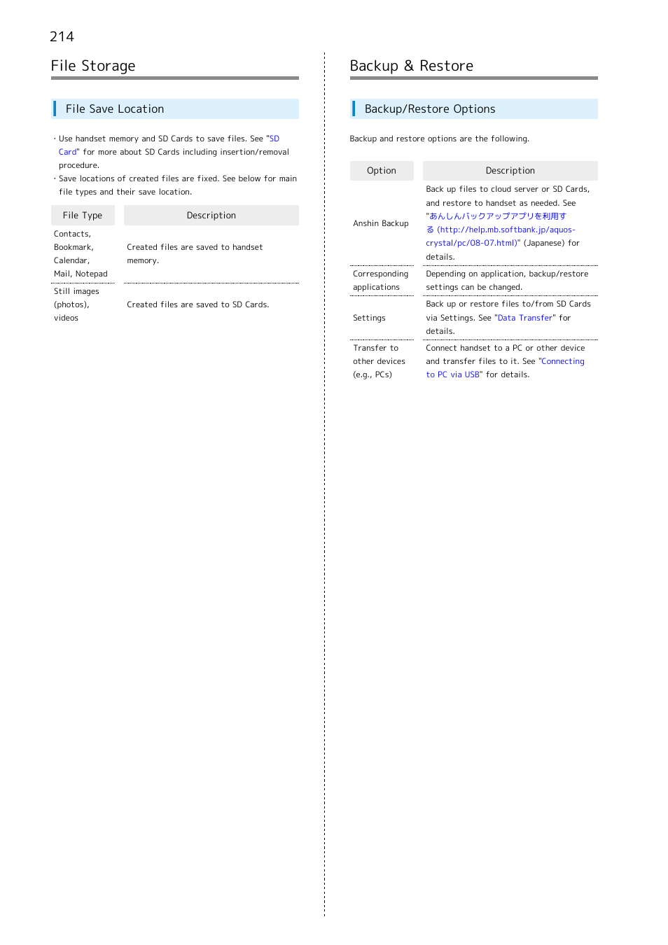 File storage, Backup & restore, 214 backup & restore | File save location, Backup/restore options | Sharp AQUOS Crystal User Manual | Page 216 / 240