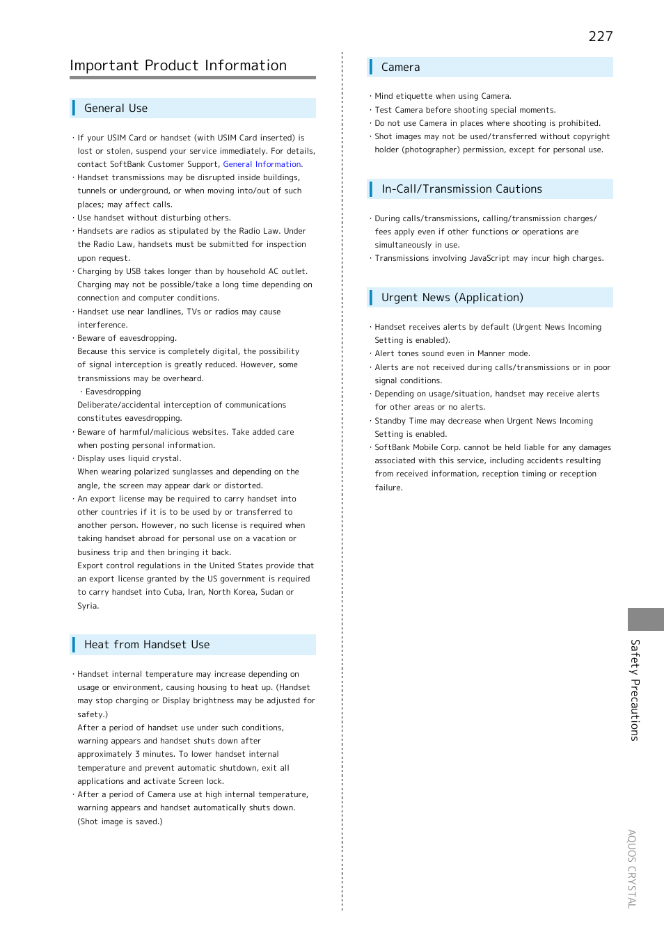 Important product information, Safety precautions, General use | Heat from handset use, Camera, In-call/transmission cautions, Urgent news (application) | Sharp AQUOS Crystal User Manual | Page 229 / 240