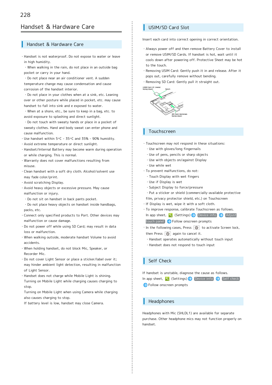 Handset & hardware care, Usim/sd card slot, Touchscreen | Self check, Headphones | Sharp AQUOS Crystal User Manual | Page 230 / 240