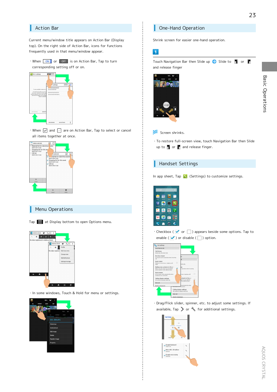 Basic operations, Action bar, Menu operations | One-hand operation, Handset settings | Sharp AQUOS Crystal User Manual | Page 25 / 240