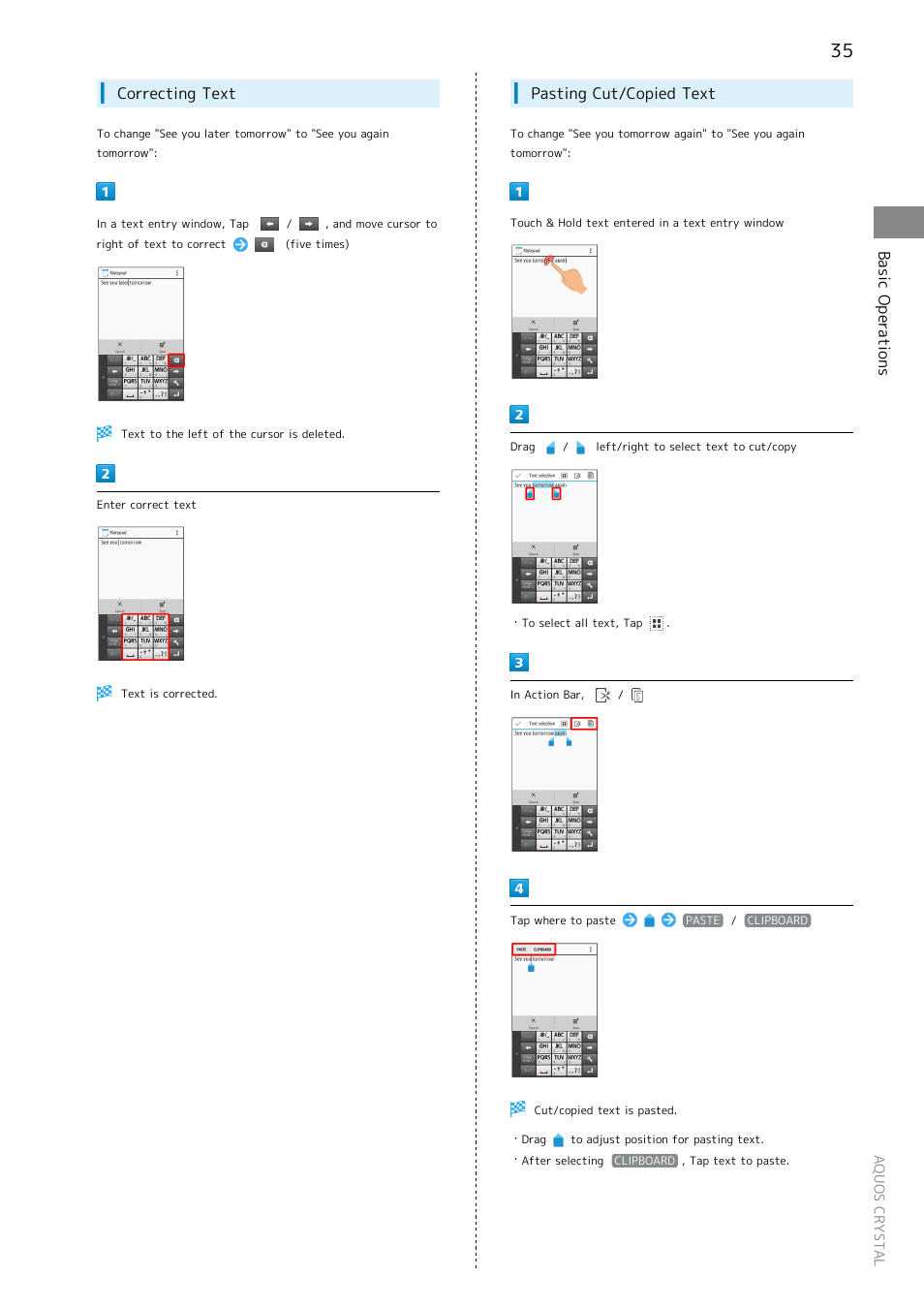 Basic operations, Correcting text, Pasting cut/copied text | Sharp AQUOS Crystal User Manual | Page 37 / 240