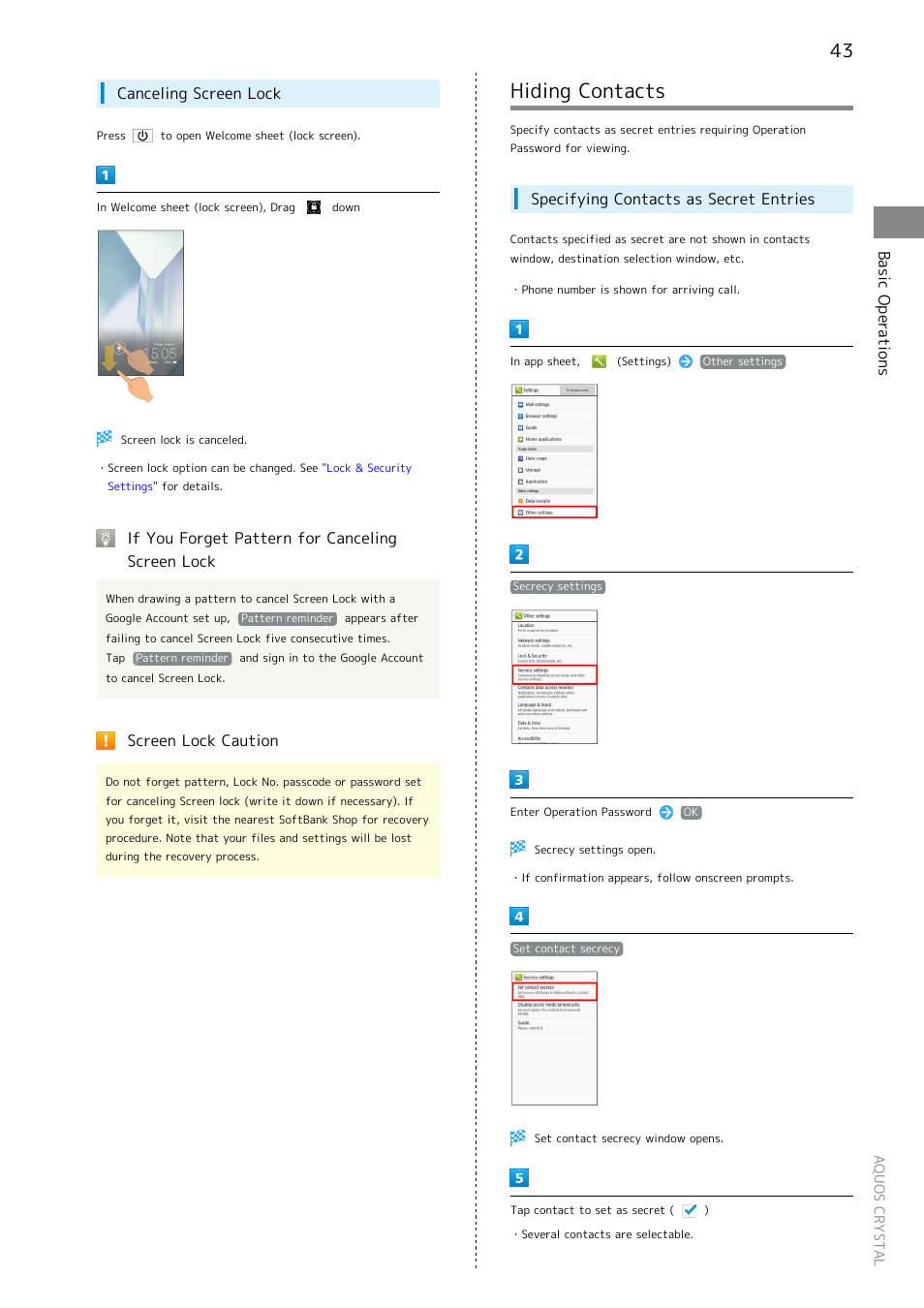 Hiding contacts, Basic operations, Canceling screen lock | If you forget pattern for canceling screen lock, Screen lock caution, Specifying contacts as secret entries | Sharp AQUOS Crystal User Manual | Page 45 / 240