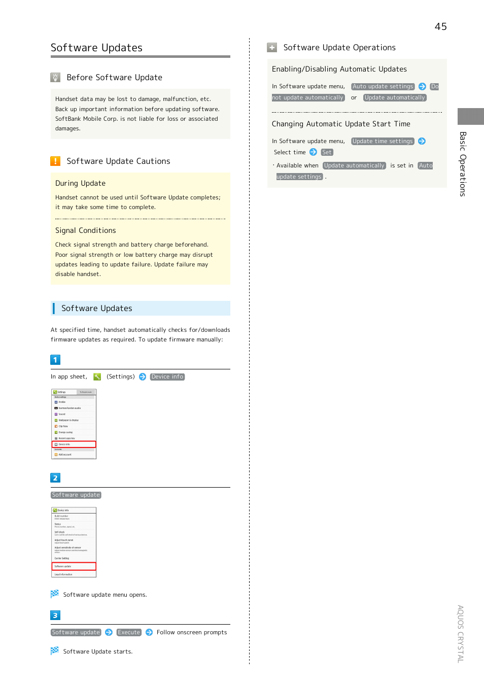 Software updates, Basic operations, Before software update | Software update cautions, Software update operations | Sharp AQUOS Crystal User Manual | Page 47 / 240