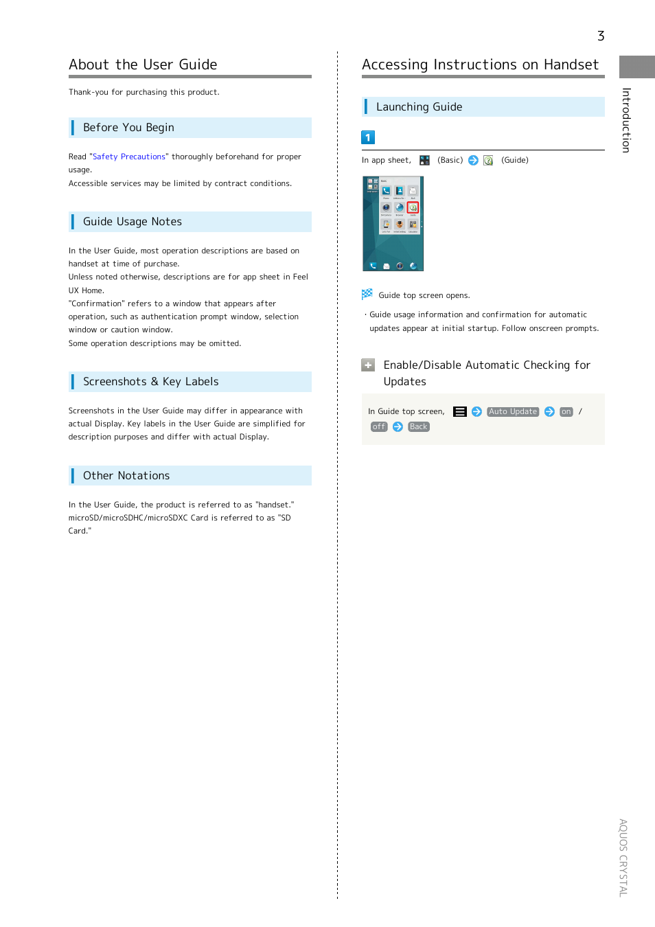 Introduction, About the user guide, Accessing instructions on handset | 3 accessing instructions on handset | Sharp AQUOS Crystal User Manual | Page 5 / 240
