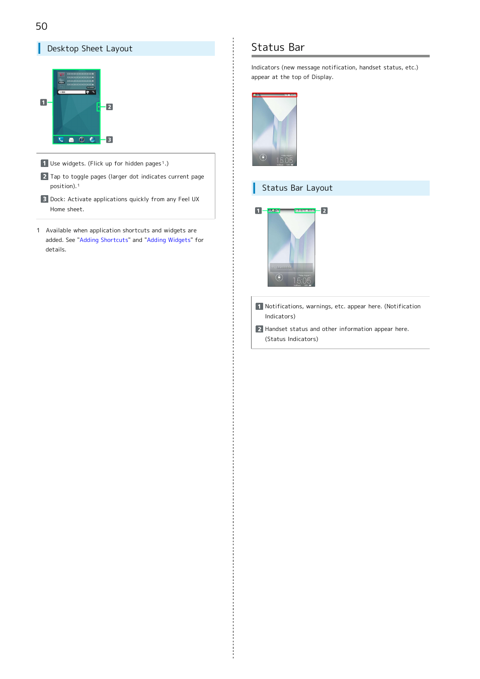 Status bar, Desktop sheet layout, Status bar layout | Sharp AQUOS Crystal User Manual | Page 52 / 240