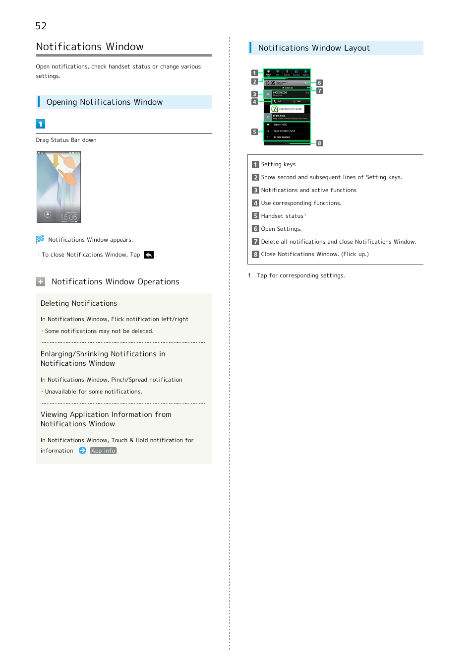 Notifications window, Opening notifications window, Notifications window operations | Notifications window layout | Sharp AQUOS Crystal User Manual | Page 54 / 240