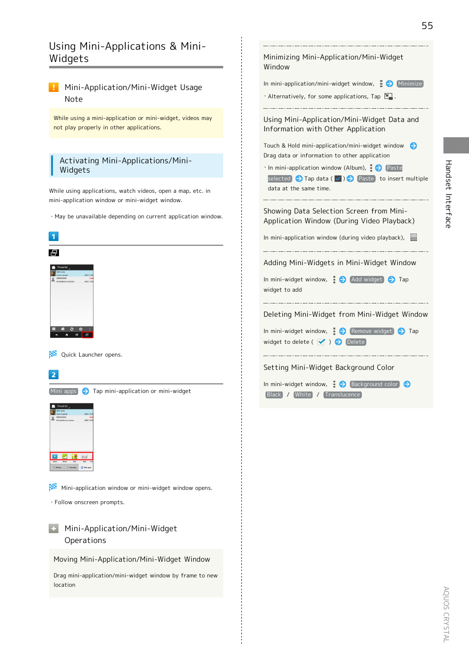 Using mini-applications & mini-widgets, Using mini-applications & mini- widgets, Handset interface | Activating mini-applications/mini- widgets, Mini-application/mini-widget operations | Sharp AQUOS Crystal User Manual | Page 57 / 240