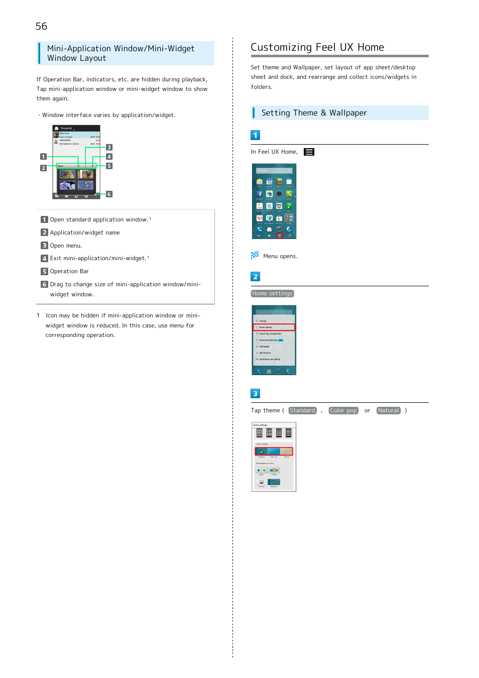Customizing feel ux home, Mini-application window/mini-widget window layout, Setting theme & wallpaper | Sharp AQUOS Crystal User Manual | Page 58 / 240