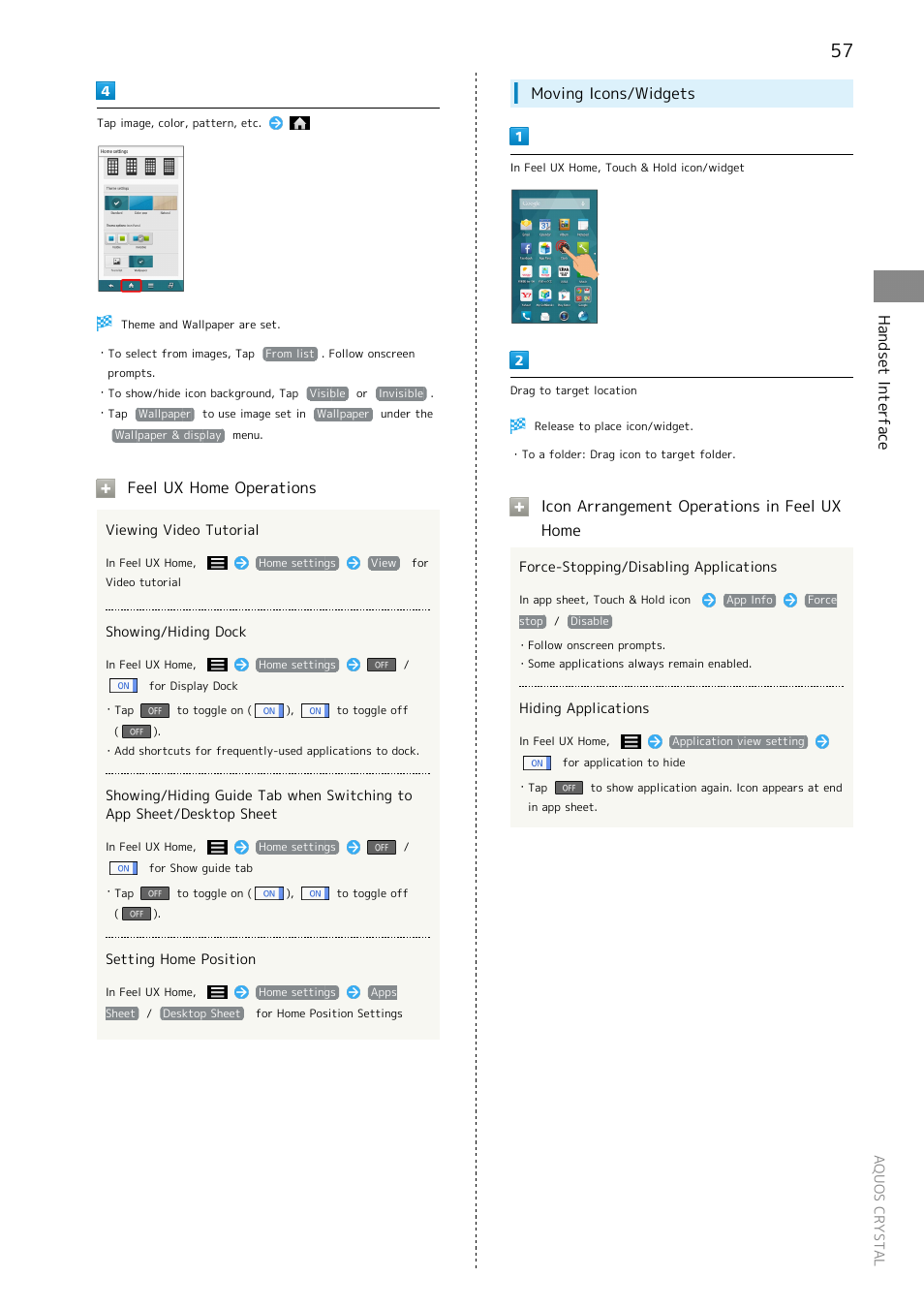 Handset interface, Feel ux home operations, Moving icons/widgets | Icon arrangement operations in feel ux home | Sharp AQUOS Crystal User Manual | Page 59 / 240