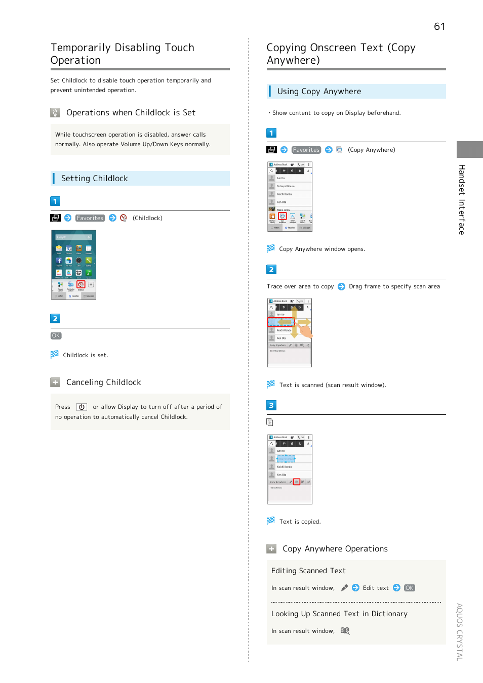 Temporarily disabling touch operation, Copying onscreen text ​(copy anywhere), 61 copying onscreen text (copy anywhere) | Copying onscreen text (copy anywhere) | Sharp AQUOS Crystal User Manual | Page 63 / 240