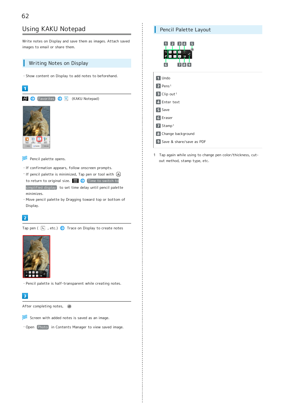 Using kaku notepad, Pencil palette layout | Sharp AQUOS Crystal User Manual | Page 64 / 240