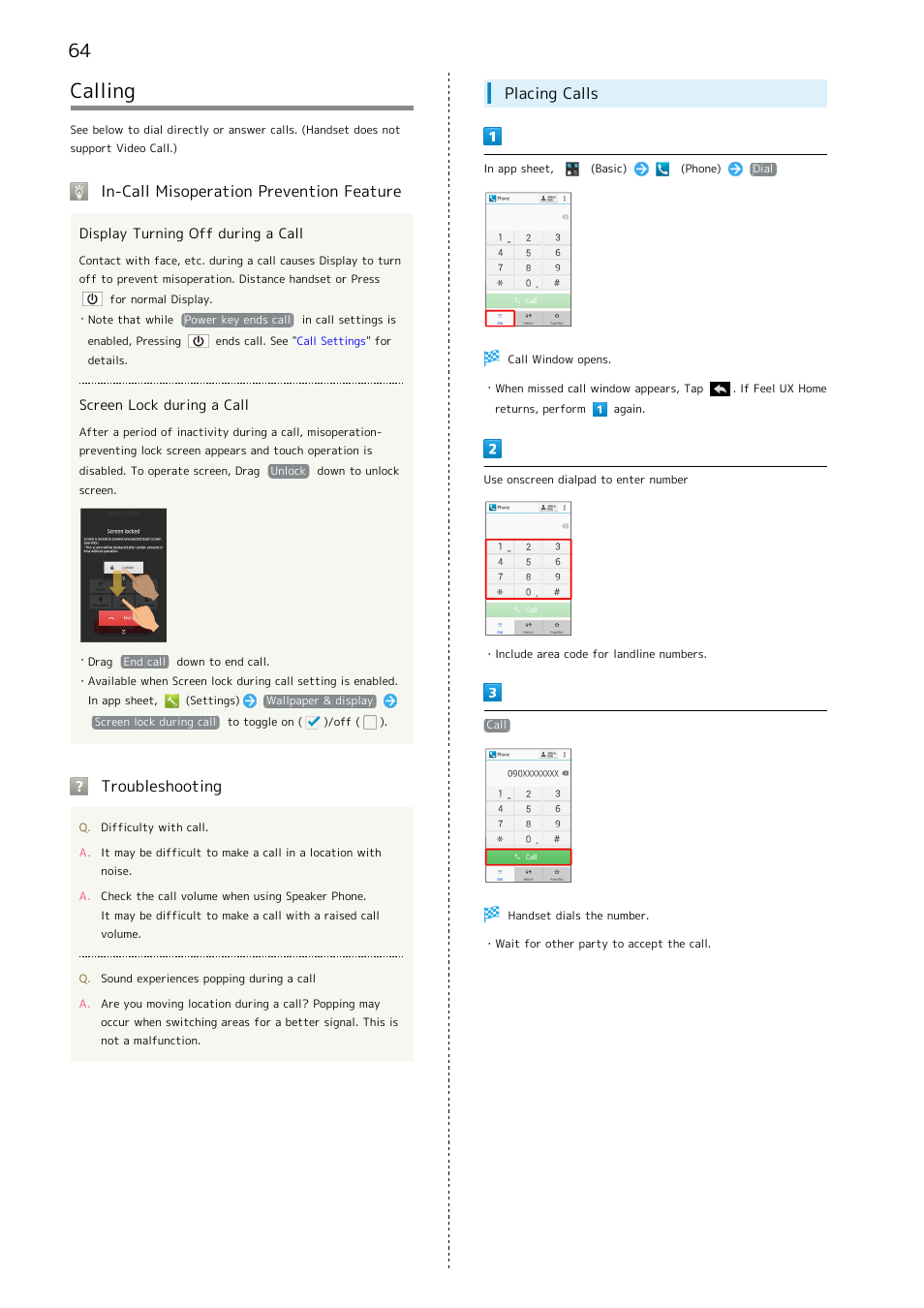 Calling, In-call misoperation prevention feature, Troubleshooting | Placing calls | Sharp AQUOS Crystal User Manual | Page 66 / 240