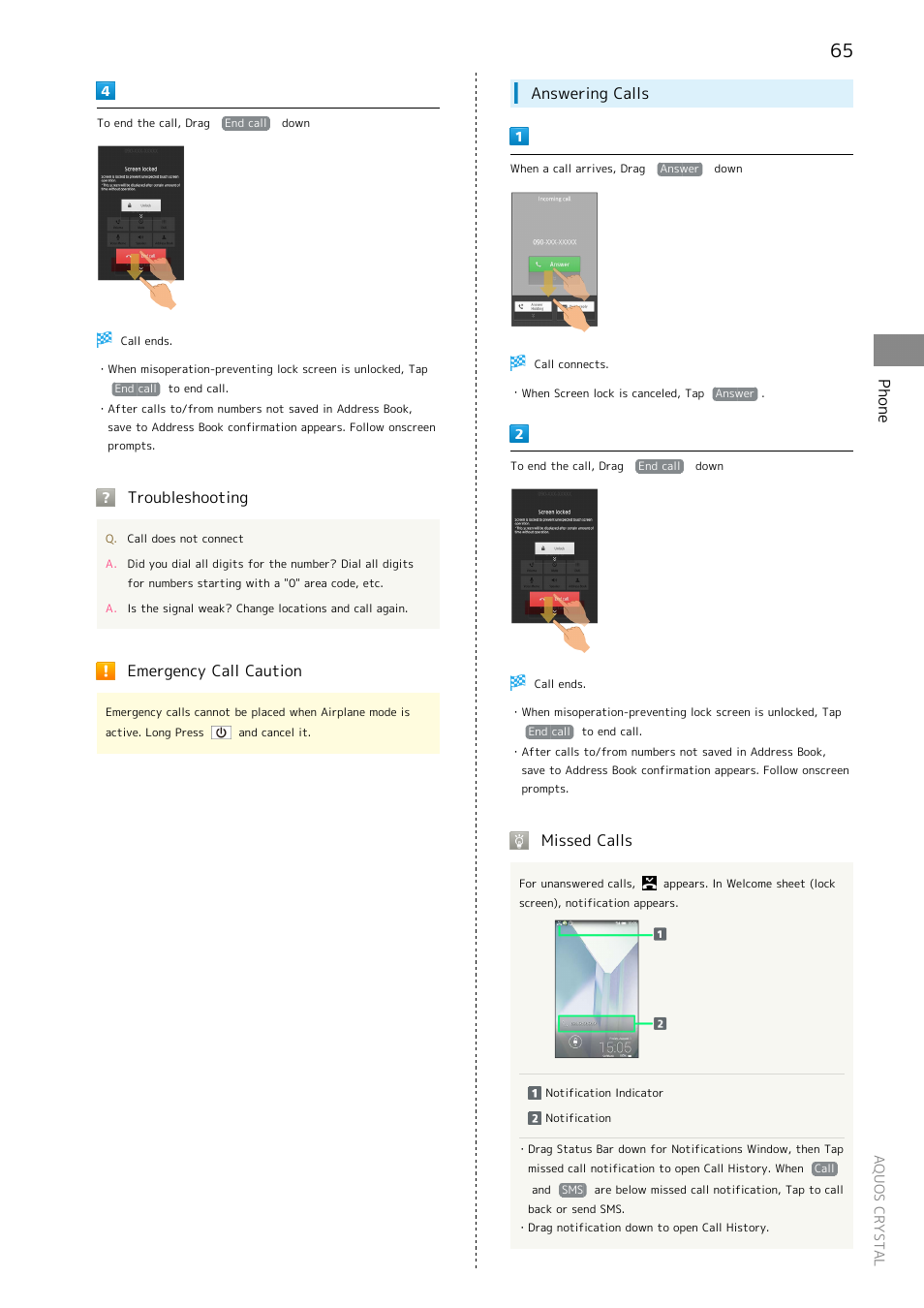 Phone, Troubleshooting, Emergency call caution | Answering calls, Missed calls | Sharp AQUOS Crystal User Manual | Page 67 / 240