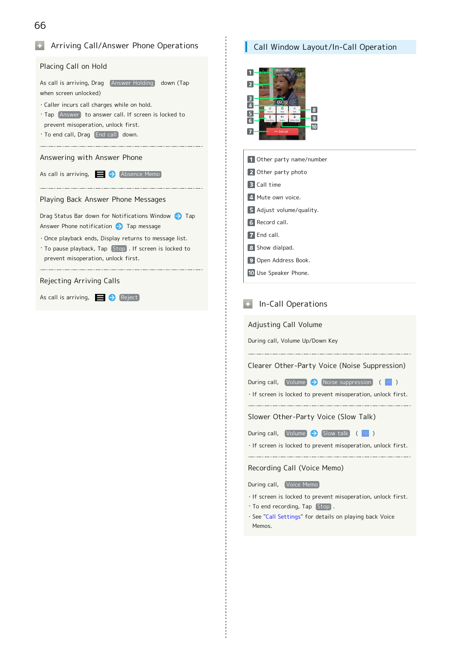 Arriving call/answer phone operations, Call window layout/in-call operation, In-call operations | Sharp AQUOS Crystal User Manual | Page 68 / 240