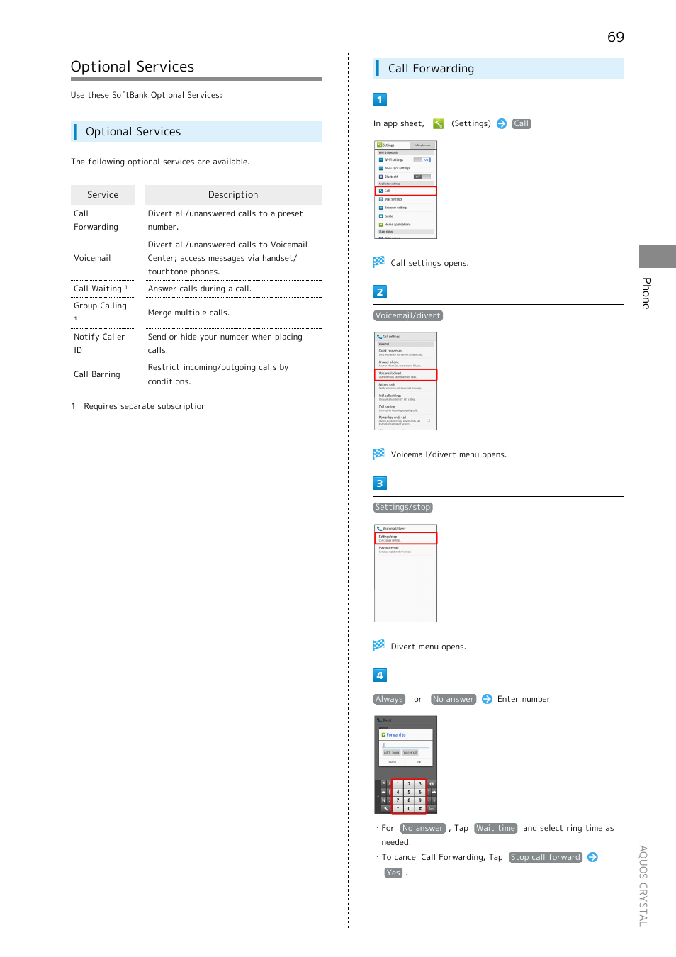 Optional services, Phone, Call forwarding | Sharp AQUOS Crystal User Manual | Page 71 / 240