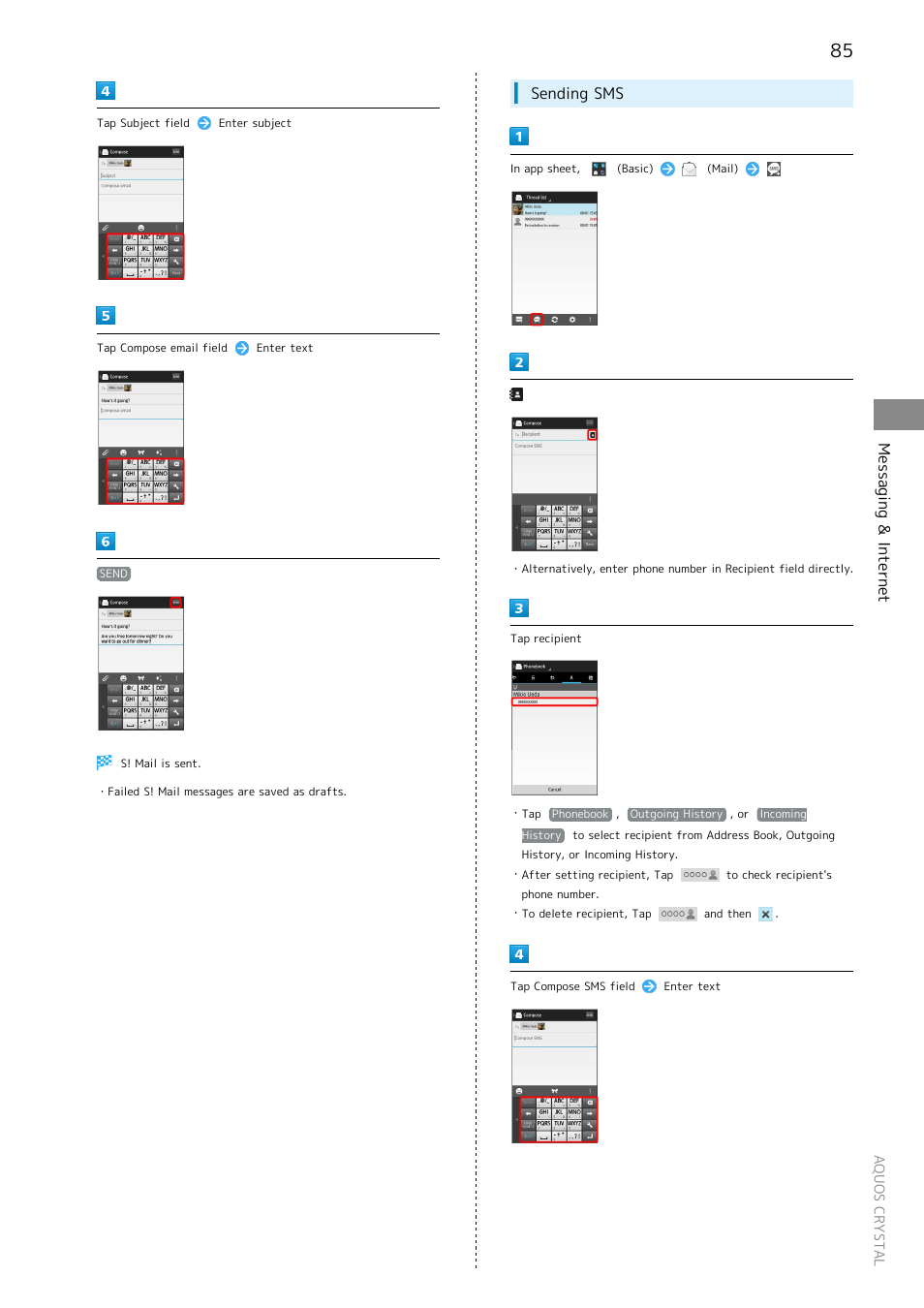 Messaging & internet, Sending sms | Sharp AQUOS Crystal User Manual | Page 87 / 240