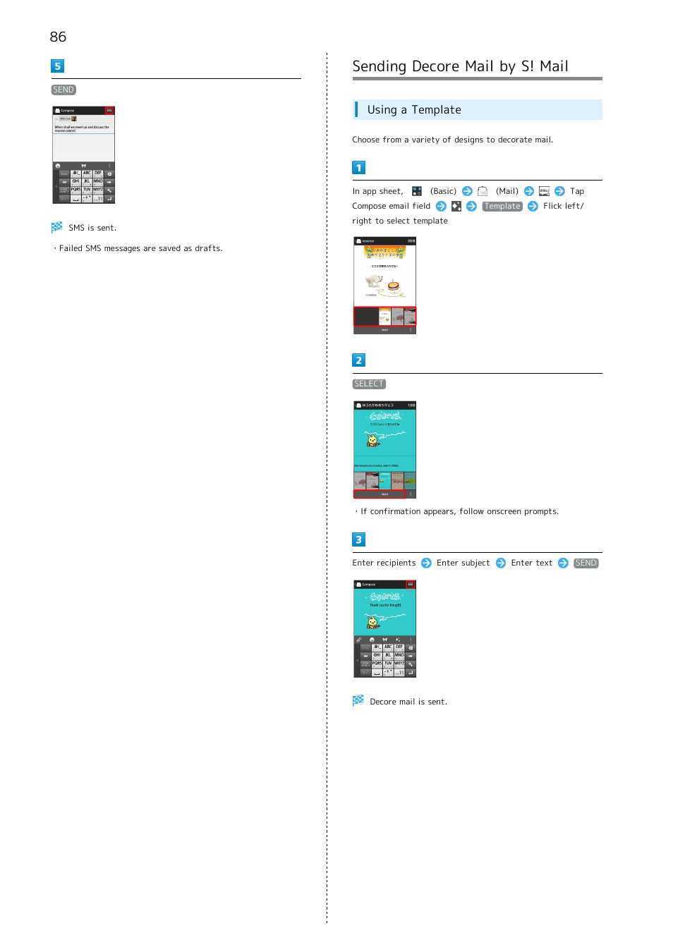 Sending decore mail by s! mail, Using a template | Sharp AQUOS Crystal User Manual | Page 88 / 240