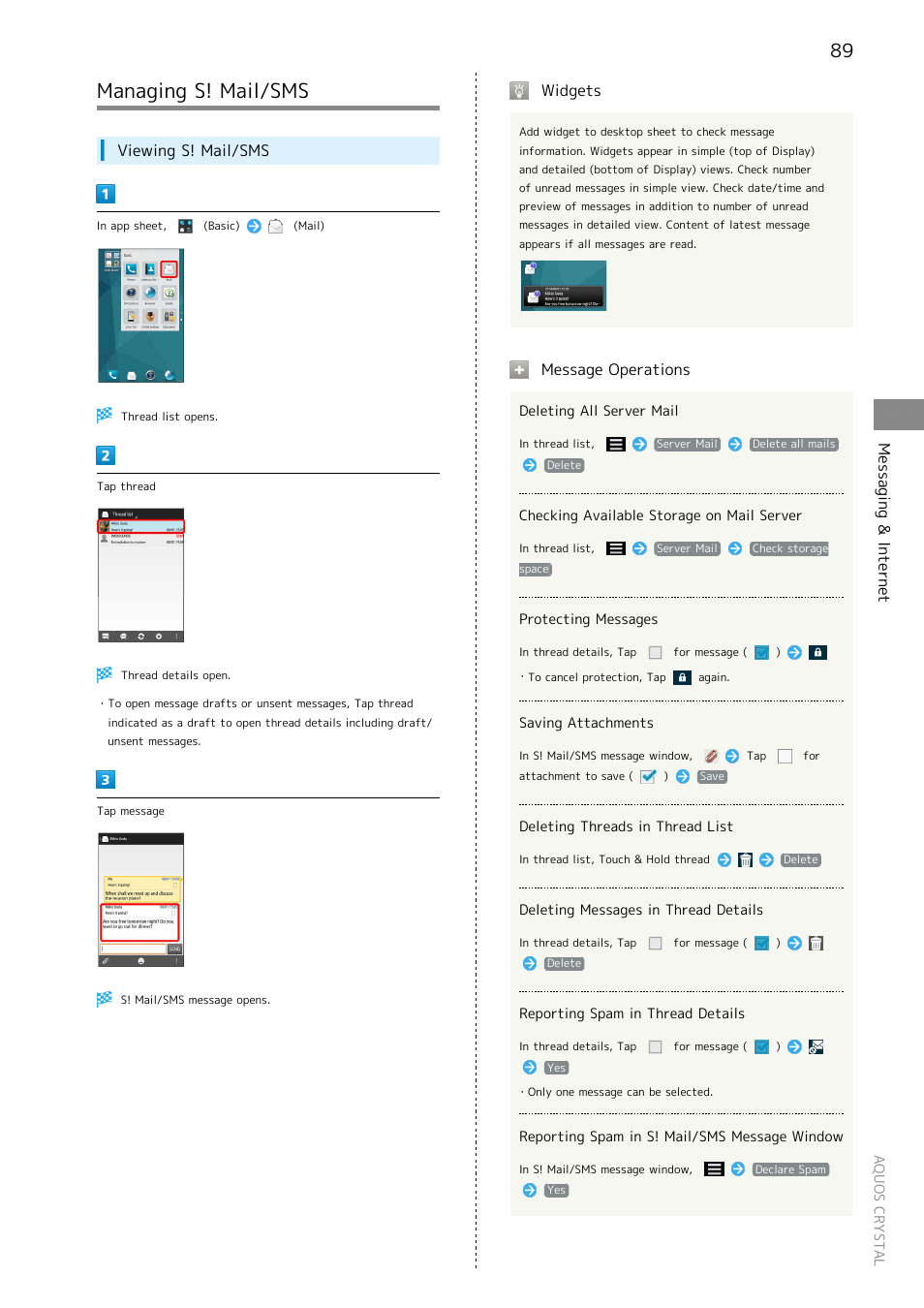 Managing s! mail/sms, Messaging & internet, Viewing s! mail/sms | Widgets, Message operations | Sharp AQUOS Crystal User Manual | Page 91 / 240