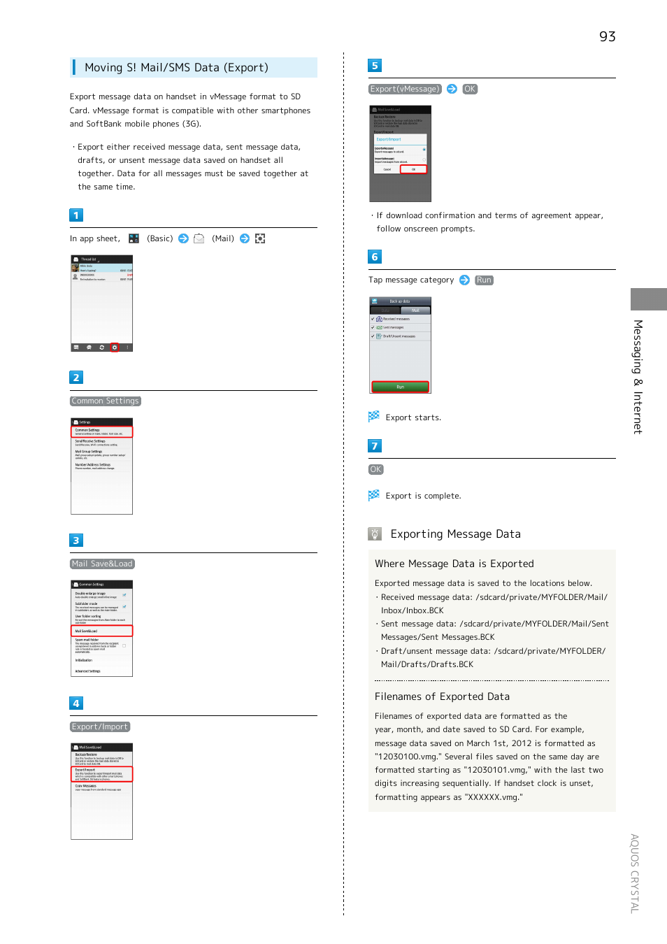 Messaging & internet, Moving s! mail/sms data (export), Exporting message data | Sharp AQUOS Crystal User Manual | Page 95 / 240