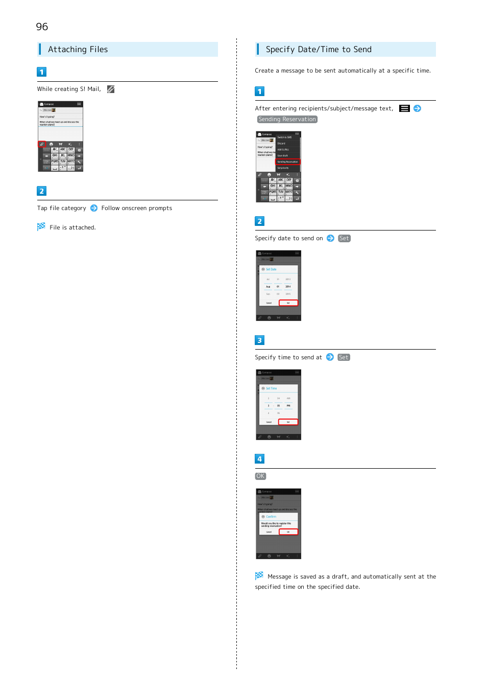 Attaching files, Specify date/time to send | Sharp AQUOS Crystal User Manual | Page 98 / 240