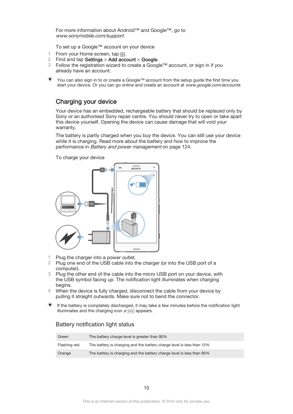 Charging your device, Battery notification light status | Sony Xperia Z3 Compact User Manual | Page 10 / 133