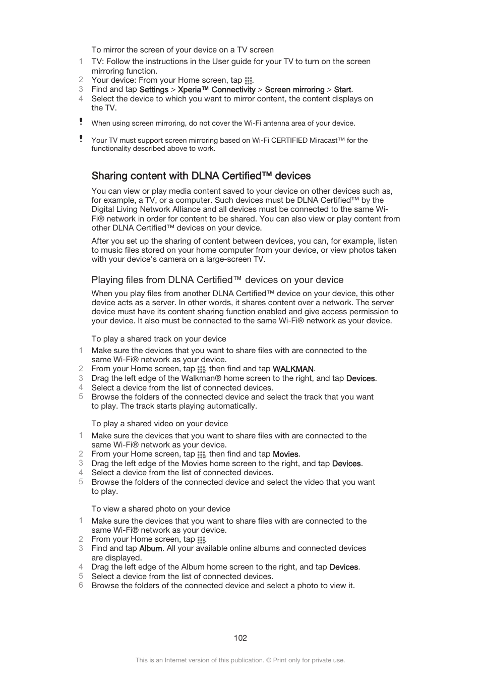 Sharing content with dlna certified™‎ devices, Sharing content with dlna certified™ devices | Sony Xperia Z3 Compact User Manual | Page 102 / 133